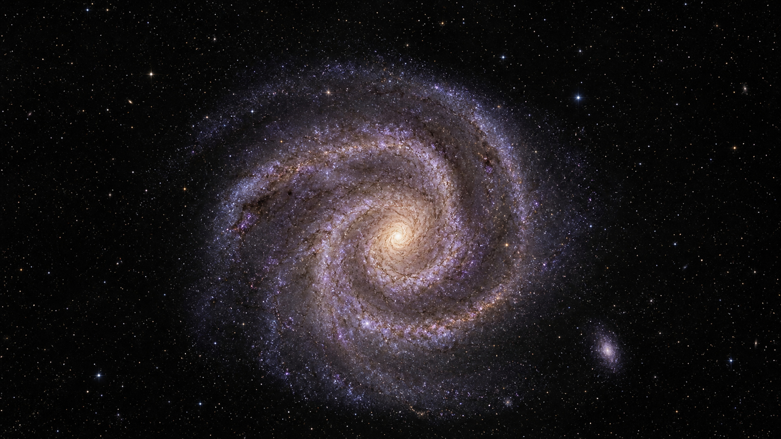 A face-on grand design spiral galaxy slightly off-axis, with broad arms, granular star clusters, dark dust filaments and a tiny satellite dwarf galaxy near the rim, original 4K space wallpaper