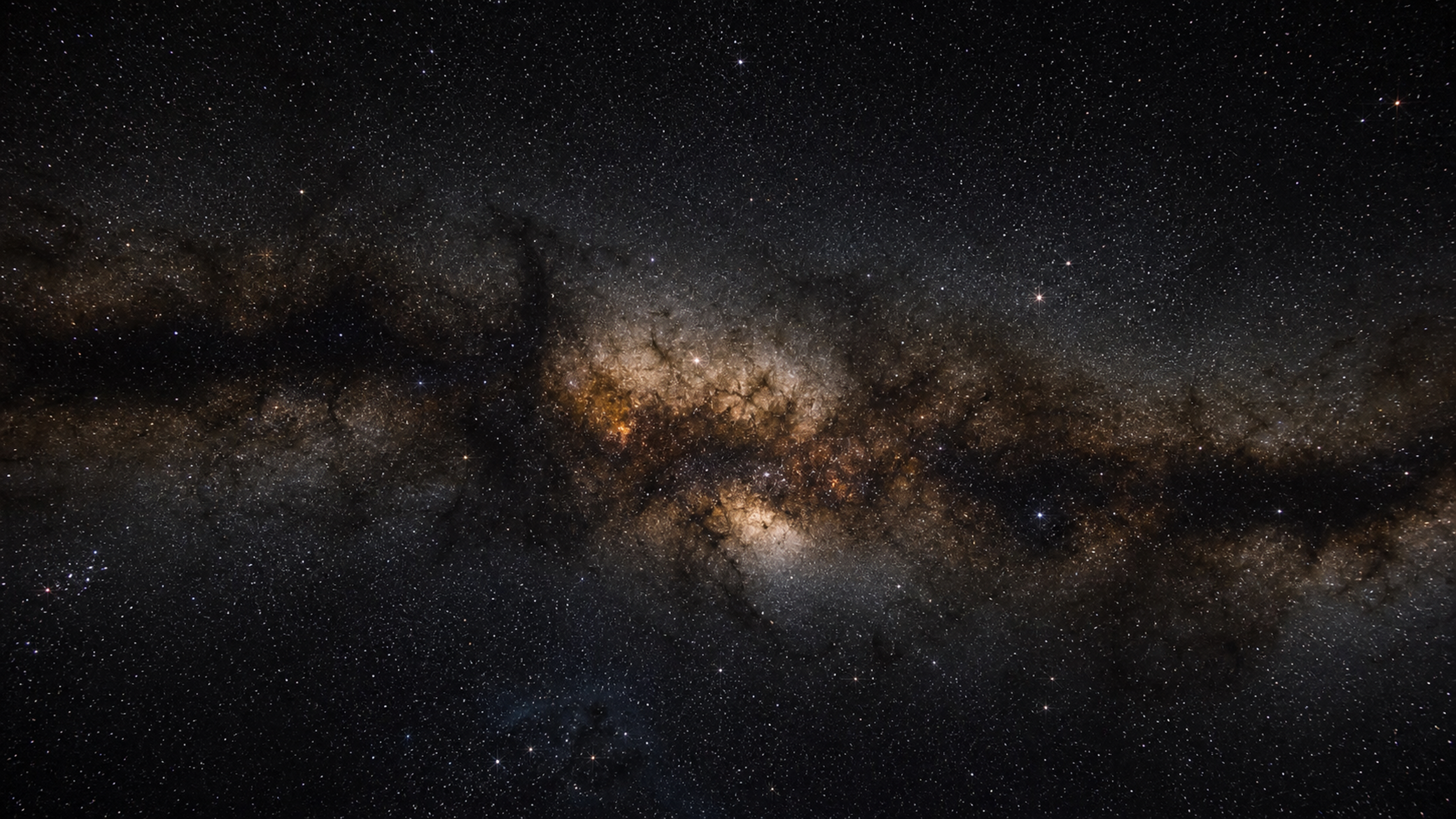 A wide Milky Way-like star river behind layered dark molecular clouds, with dense pinprick stars, hidden amber star nurseries and cool black space beyond, original 4K space wallpaper