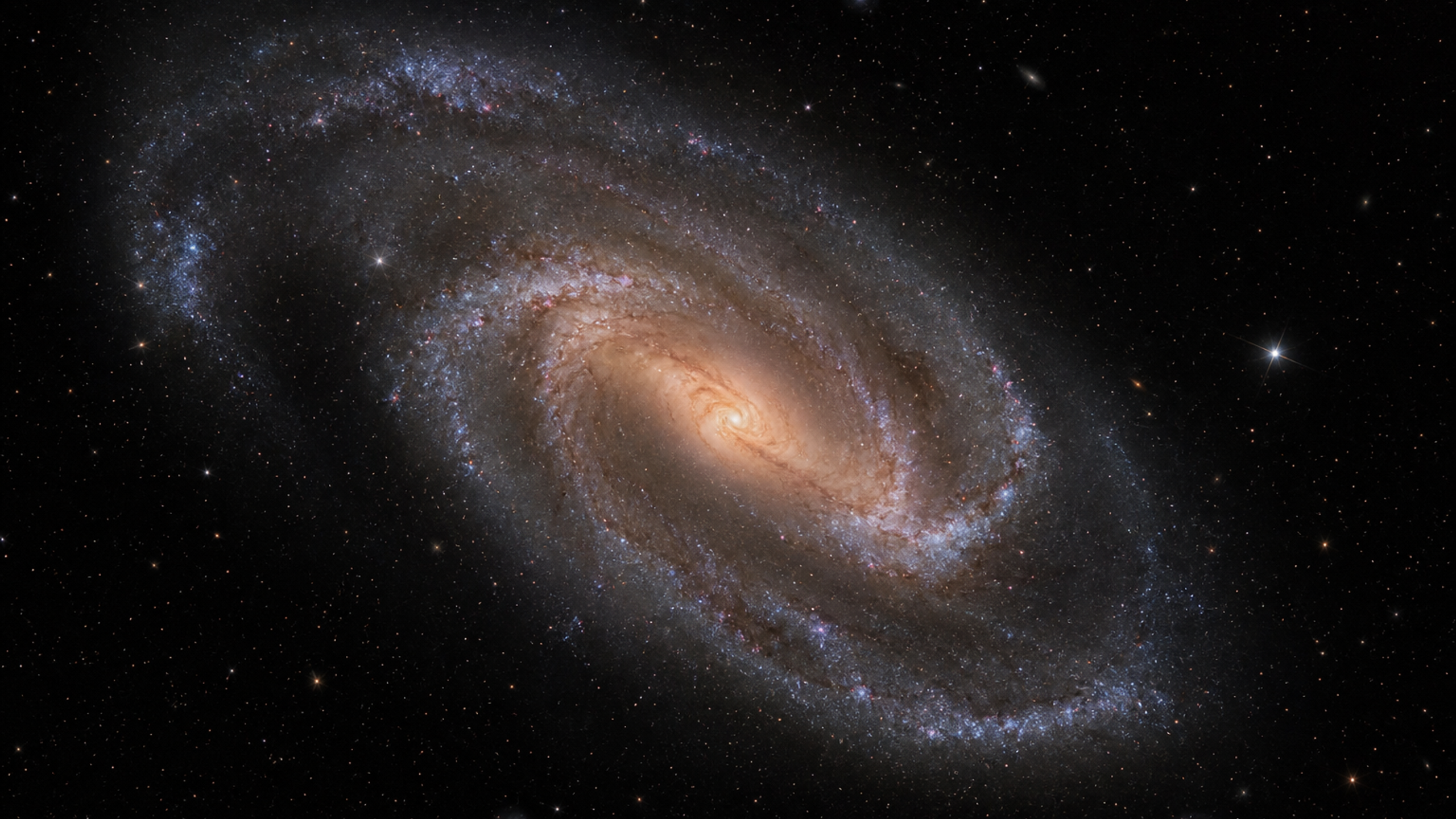 An oblique barred spiral galaxy with a compact warm core, blue-white arms, faint gas knots and tiny distant background galaxies, original 4K space wallpaper