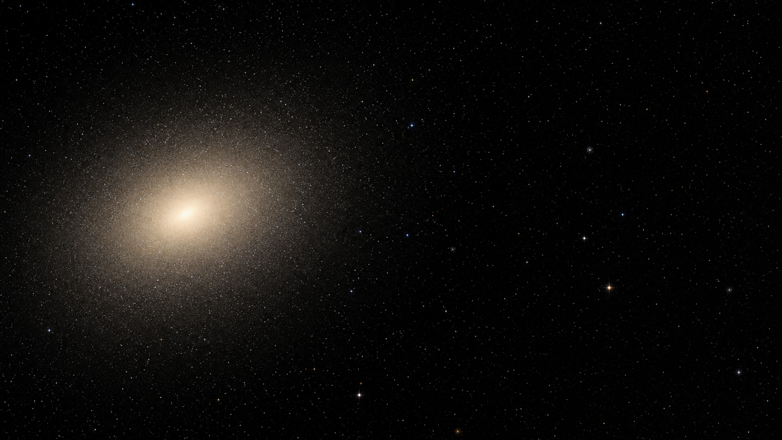 A complete soft elliptical galaxy seen from a respectful distance, with a cream oval halo, compact unclipped core, sparse globular clusters and deep black negative space, original 4K space wallpaper