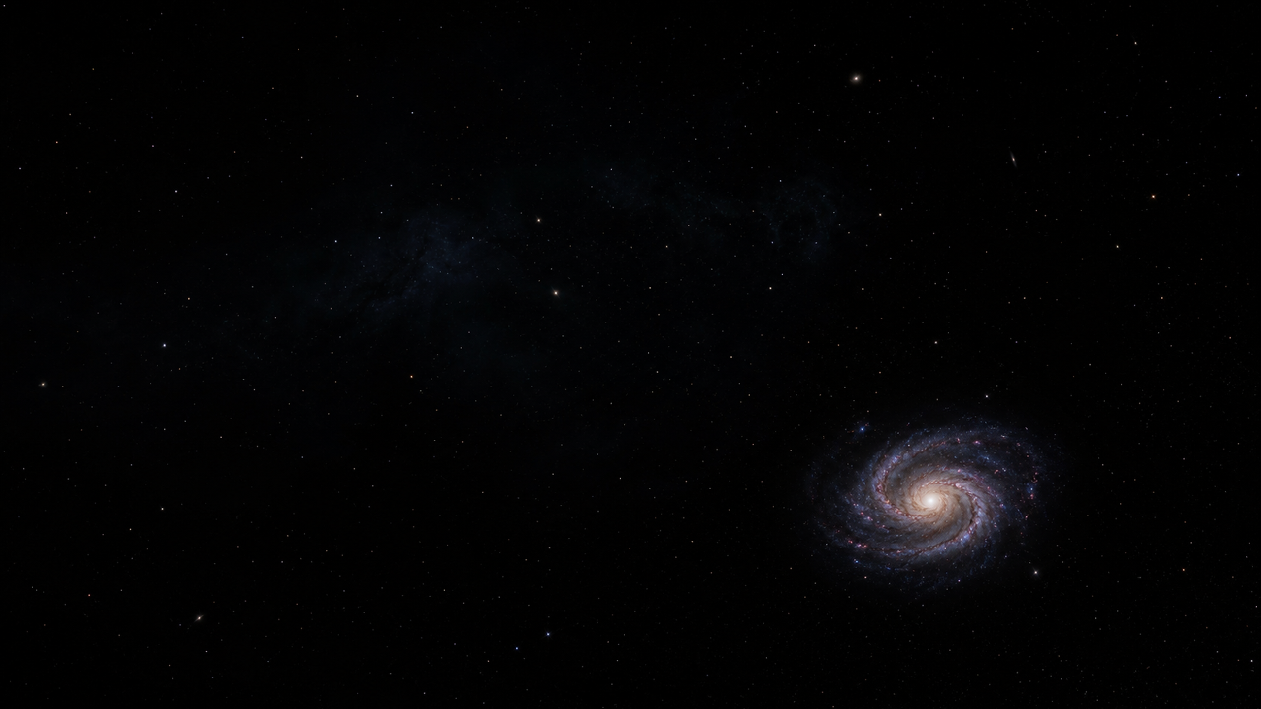A large negative-space cosmic void with one small luminous spiral galaxy in the lower-right third, sparse stars and barely visible cool dust haze, original 4K space wallpaper