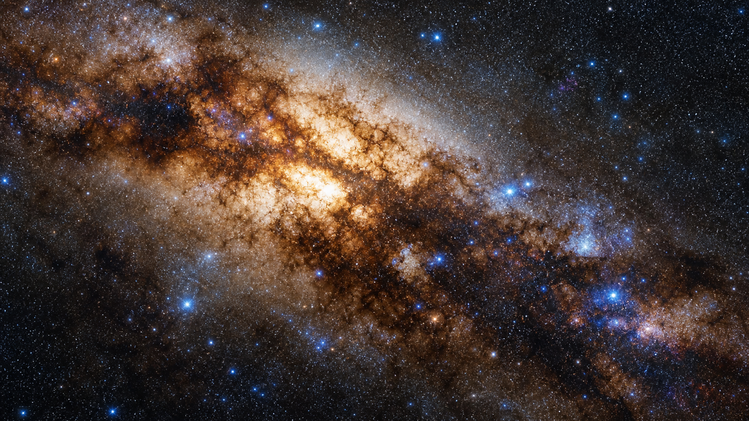 A close wide crop into a dense galactic core region where brown-black dust lanes weave through golden-white star clouds and embedded blue-white stars, original 4K space wallpaper