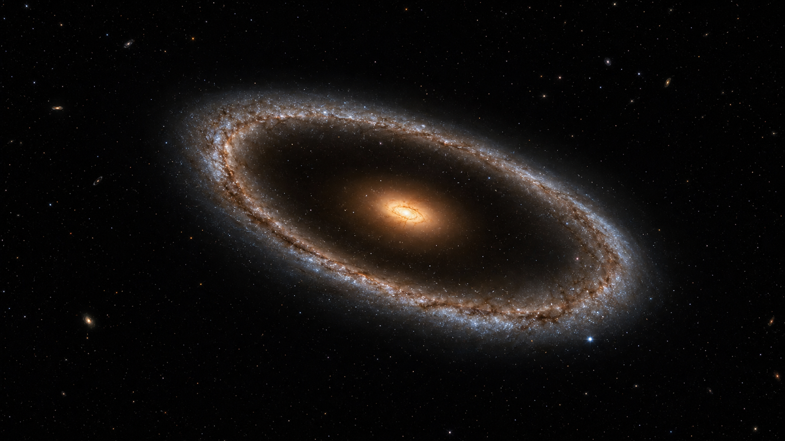 An unusual polar ring galaxy with a compact warm core and a tilted outer ring of stars and dust surrounded by calm black space, original 4K space wallpaper