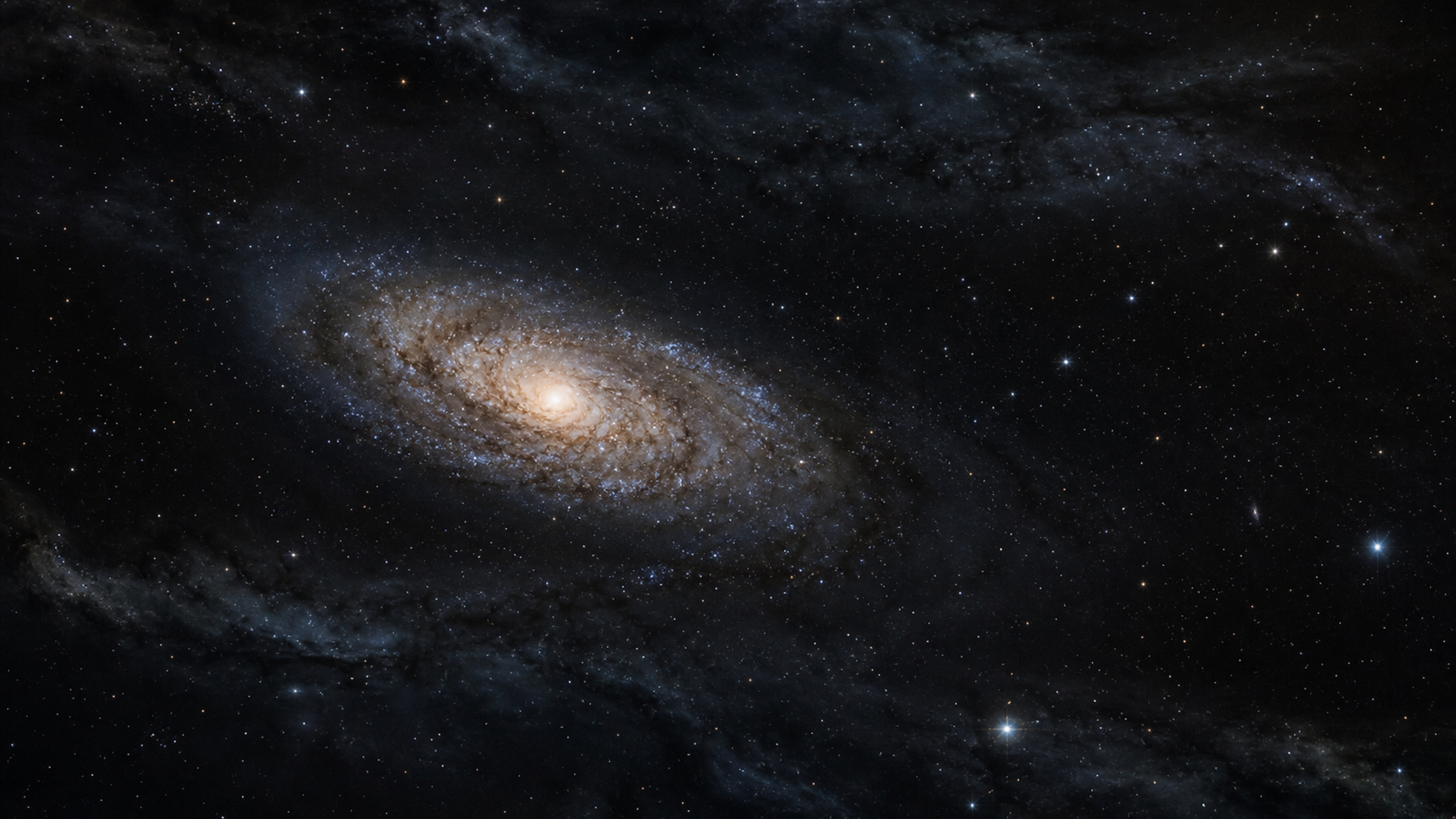 A distant spiral galaxy seen through faint charcoal-blue nebular dust along the top and bottom edges with broad layered star-field depth, original 4K space wallpaper