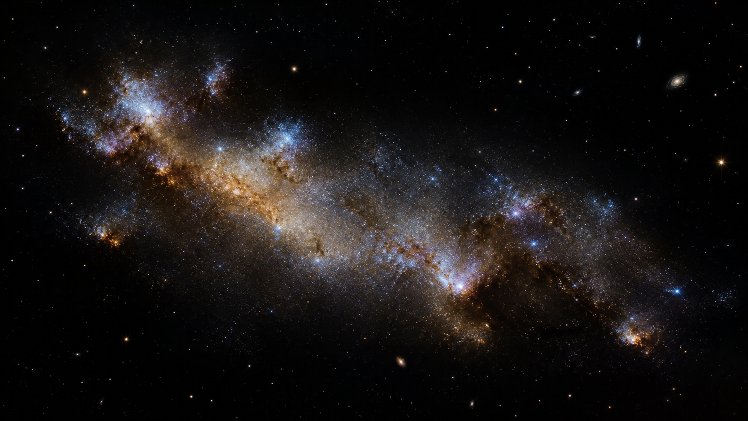 An irregular galaxy cloud stretched like a ragged luminous island, with young blue star clusters, dusty amber pockets and small quiet background galaxies, original 4K space wallpaper