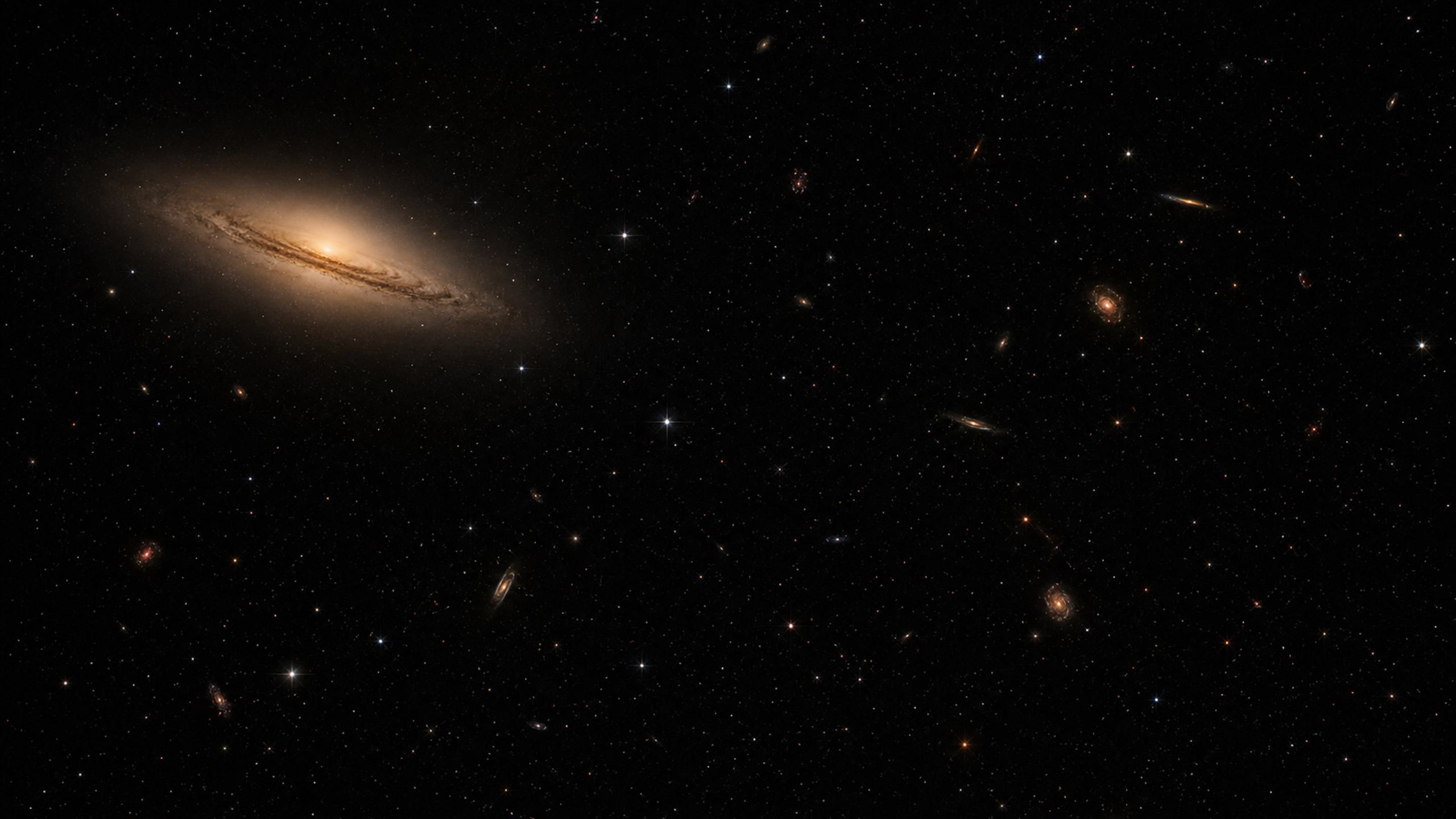 A panoramic field of ancient reddish and golden distant galaxies, anchored by one larger lenticular galaxy with a smooth disk and subtle dust ring, original 4K space wallpaper