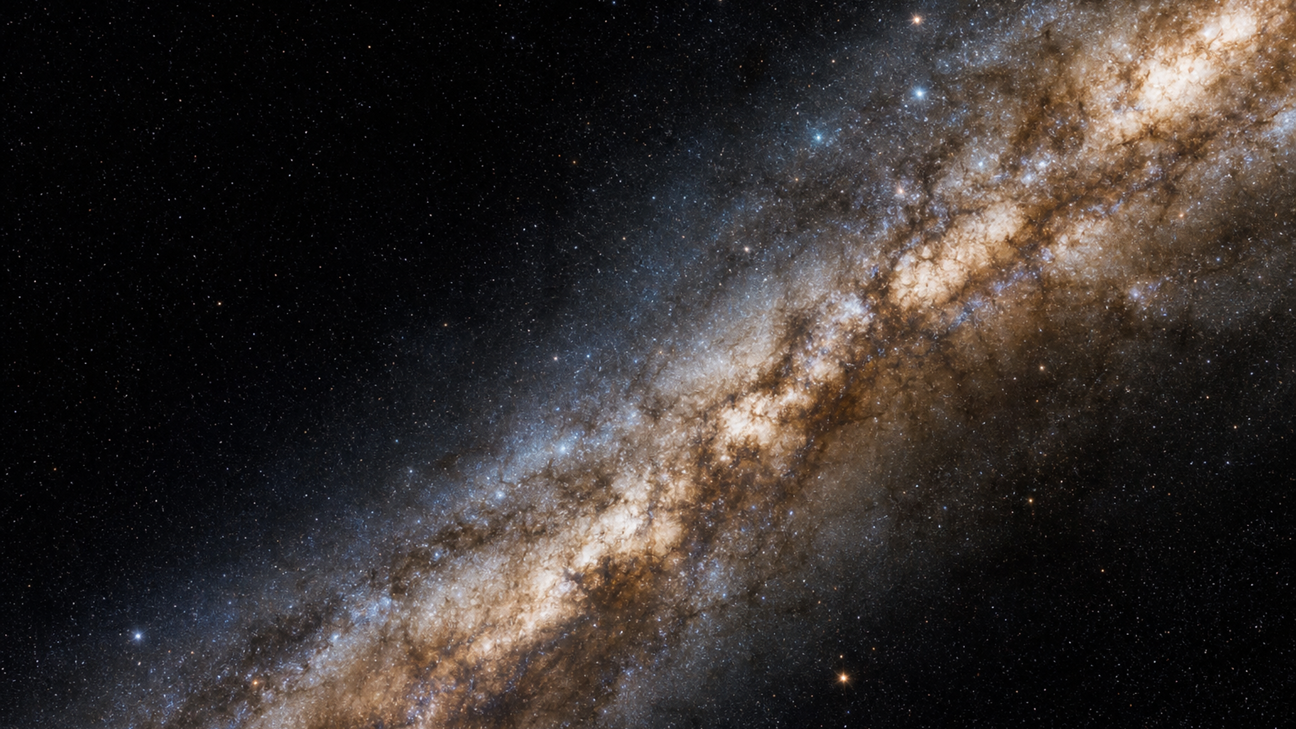 A close crop of a spiral galaxy arm sweeping diagonally across black negative space, with dense clusters, mottled dust and the galactic center outside the frame, original 4K space wallpaper