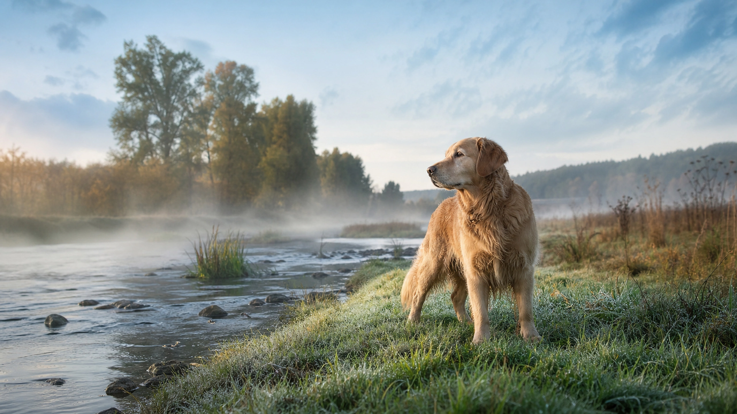 Golden retriever beside a shallow country river in cool misty morning light, original 4K pets wallpaper