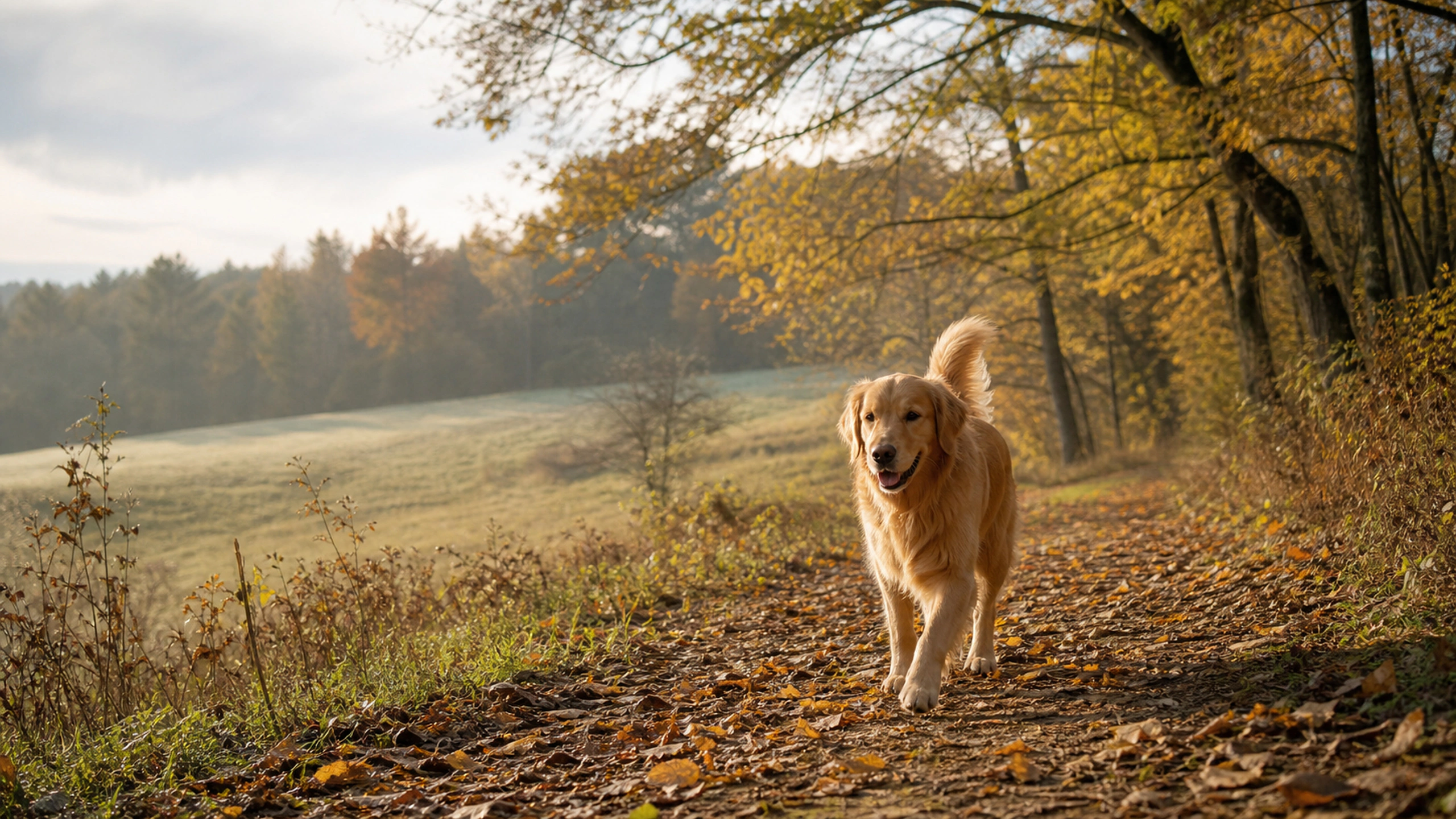 Dog walking naturally along a leaf-covered woodland path under soft autumn sun, original 4K pets wallpaper