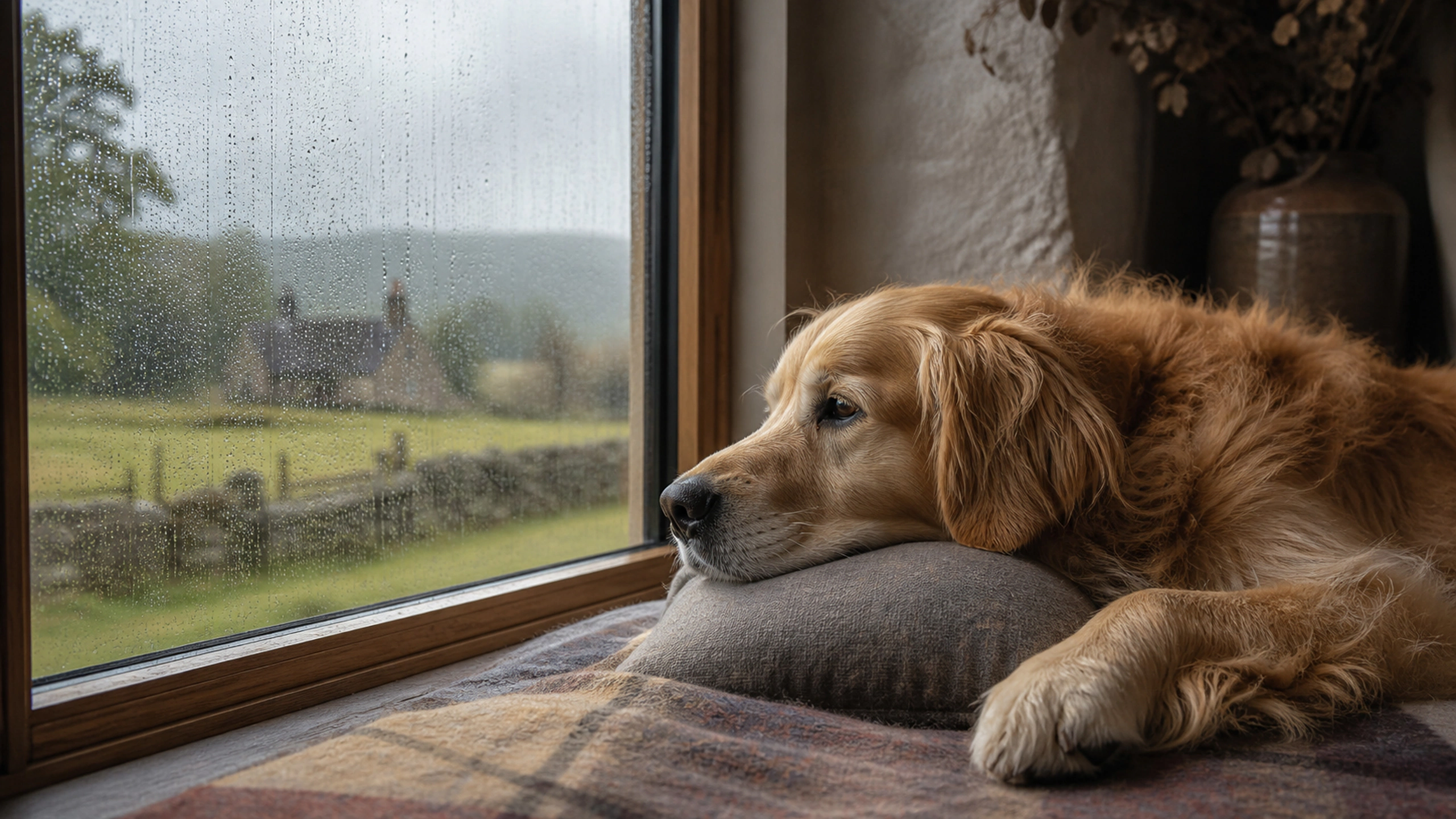 Golden retriever resting beside a rain-speckled cottage window in muted daylight, original 4K pets wallpaper