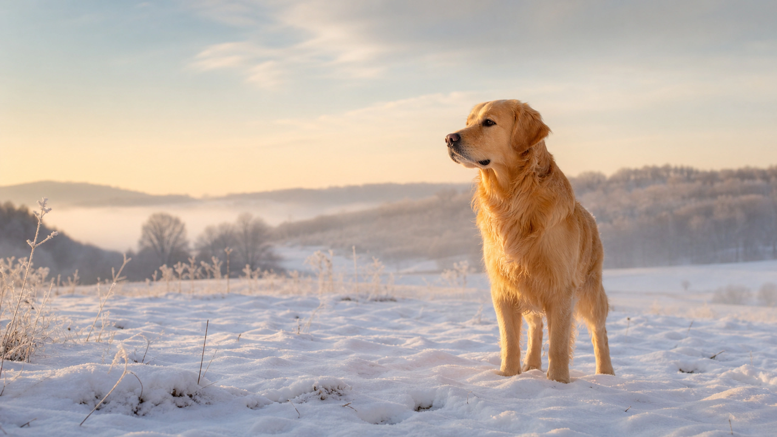 Dog standing alert in clean fresh snow with accurate paws, coat and breath haze, original 4K pets wallpaper