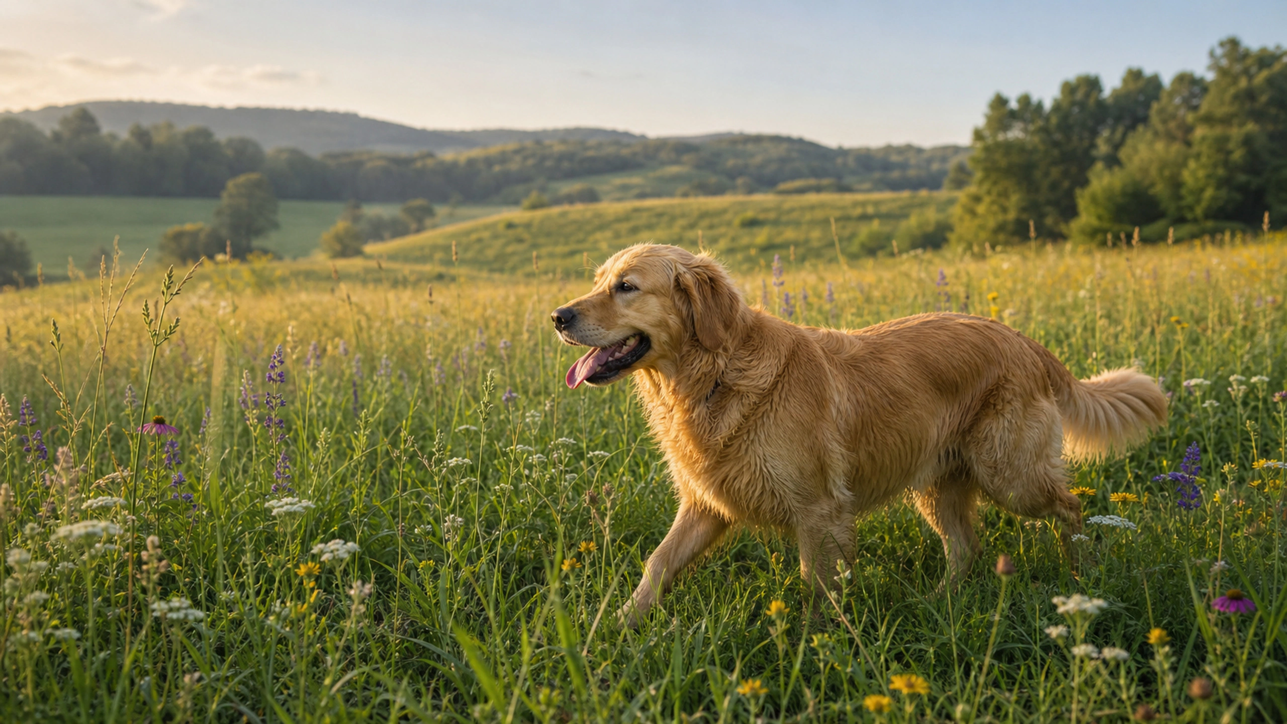 Golden retriever moving through a varied wildflower meadow, candid side viewpoint, original 4K pets wallpaper