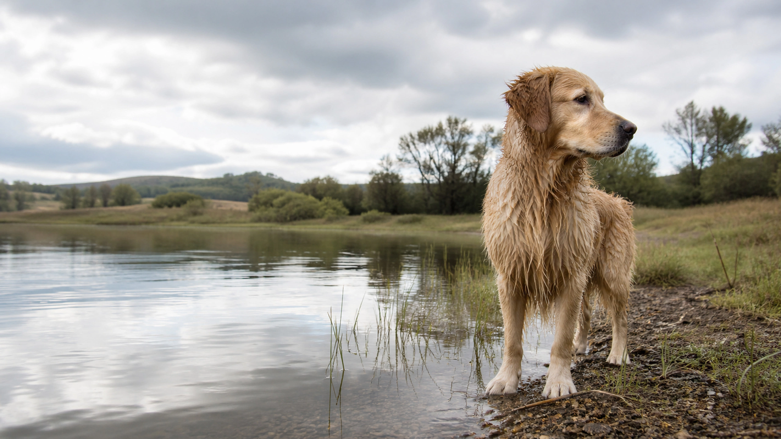 Wet-coated dog at a quiet lake edge after swimming, natural overcast reflections, original 4K pets wallpaper