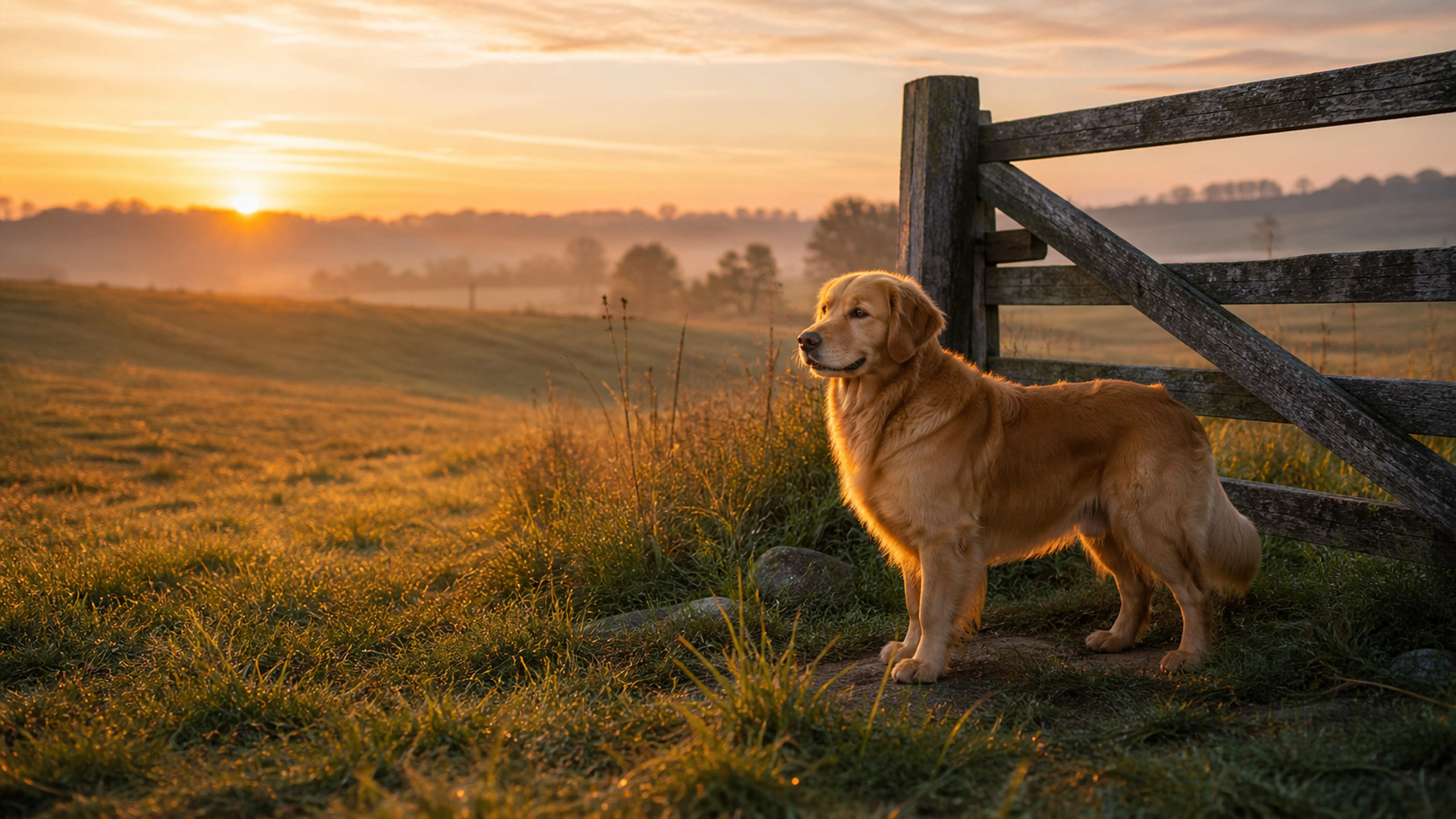 Golden retriever waiting beside a weathered unbranded wooden farm gate at dawn, original 4K pets wallpaper