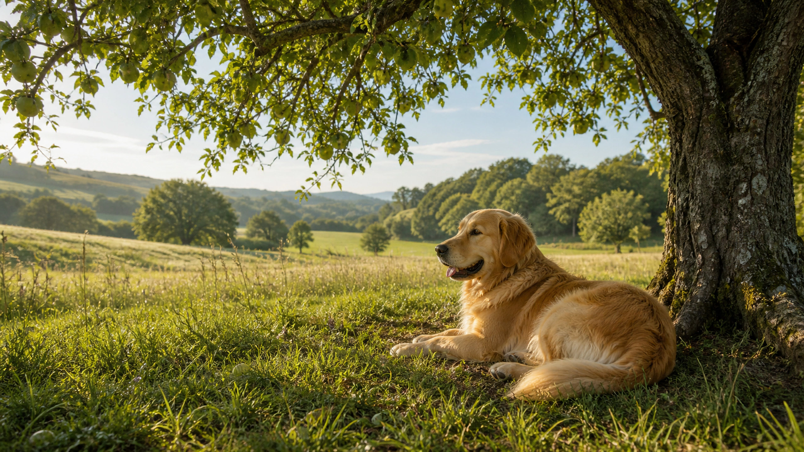 Dog resting beneath an old orchard tree with dappled summer light, original 4K pets wallpaper