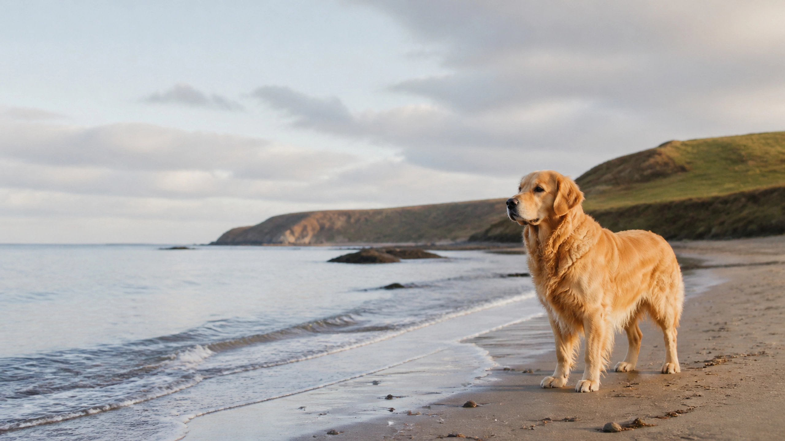 Golden retriever on an empty windswept beach beneath a restrained cloudy sky, original 4K pets wallpaper
