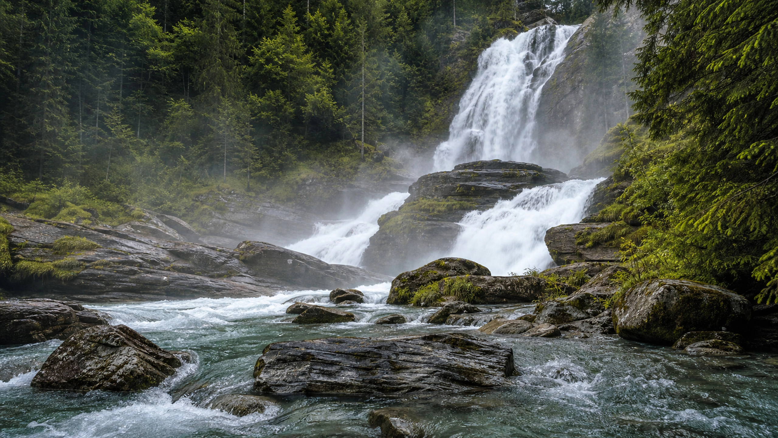 Layered waterfalls moving through an ancient green forest over weathered stone, original 4K lakes rivers wallpaper