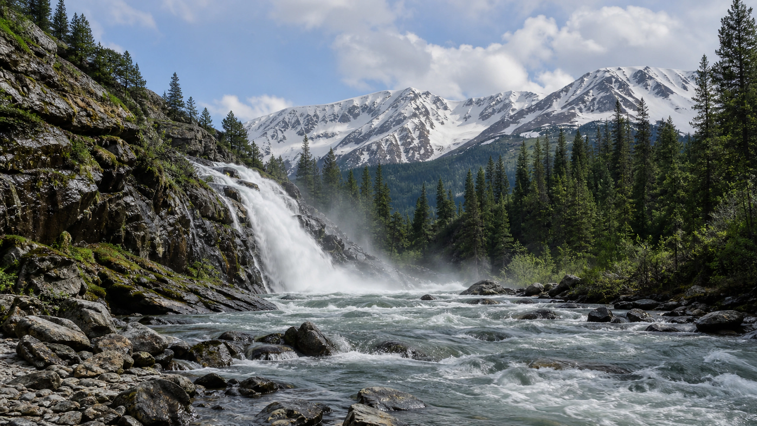Cold spring waterfall swollen by snowmelt beneath distant white mountains, original 4K lakes rivers wallpaper