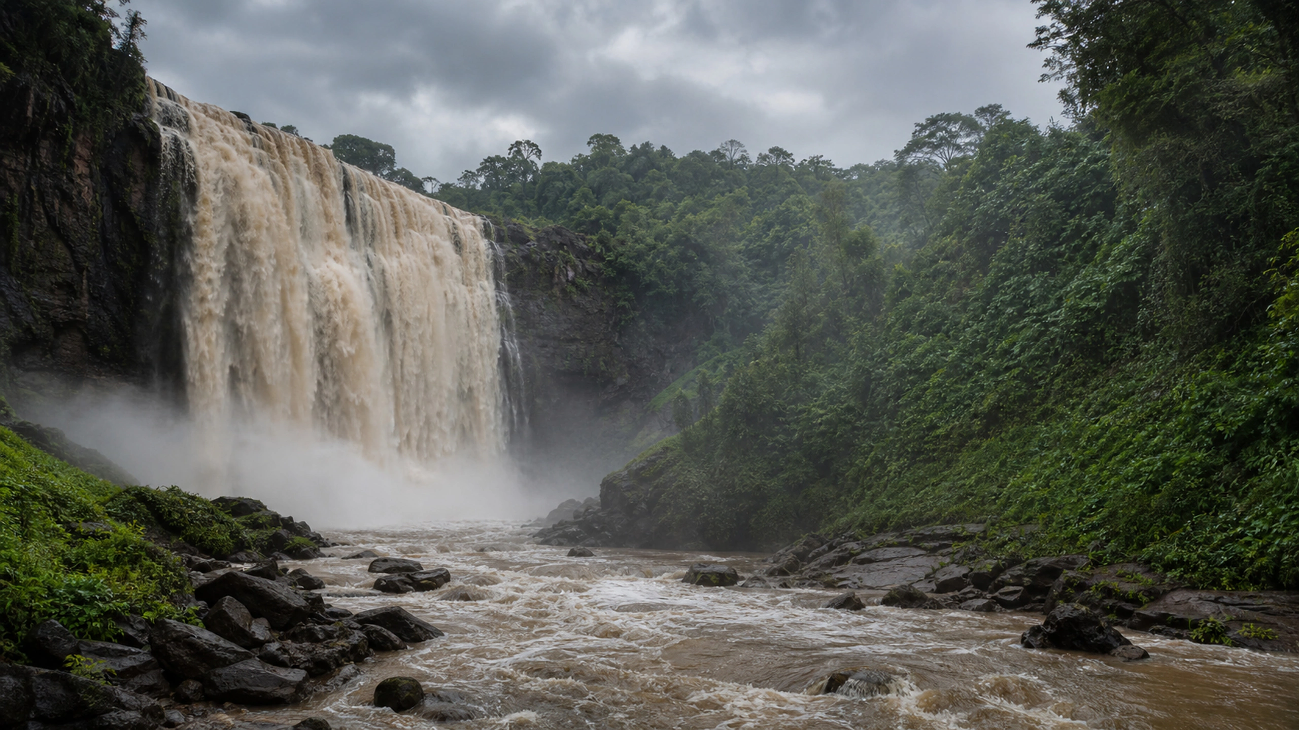 Powerful tropical waterfall during rain season with realistic brown-green water, original 4K lakes rivers wallpaper