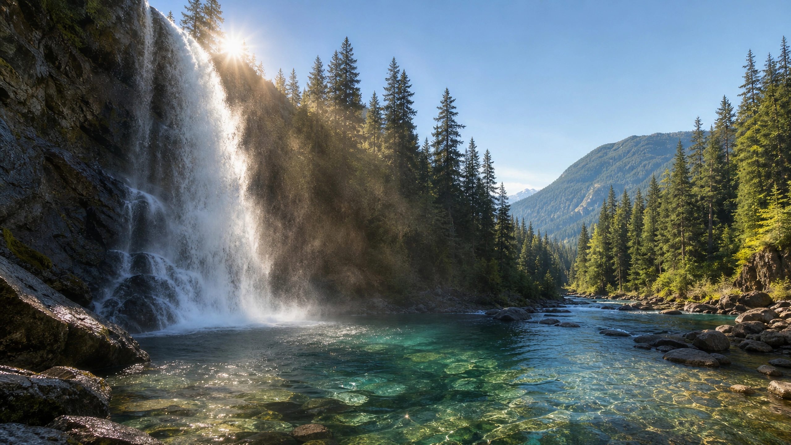 Morning sun catching fine waterfall spray above a transparent plunge pool, original 4K lakes rivers wallpaper