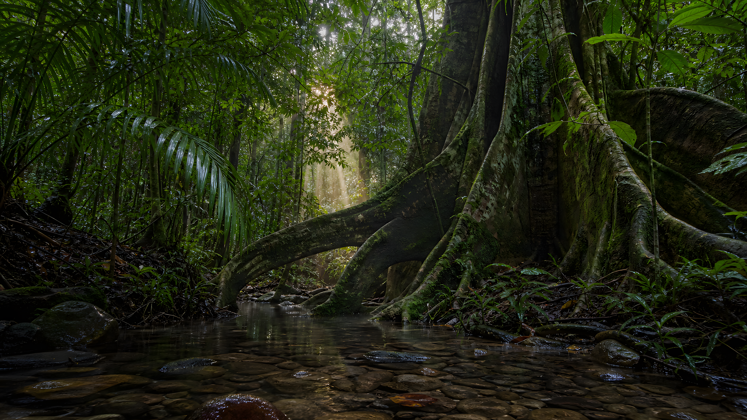Vast buttress roots of an ancient strangler fig bridging a shallow rainforest stream after rain, photographed from the shaded forest floor, original 4K plants wallpaper