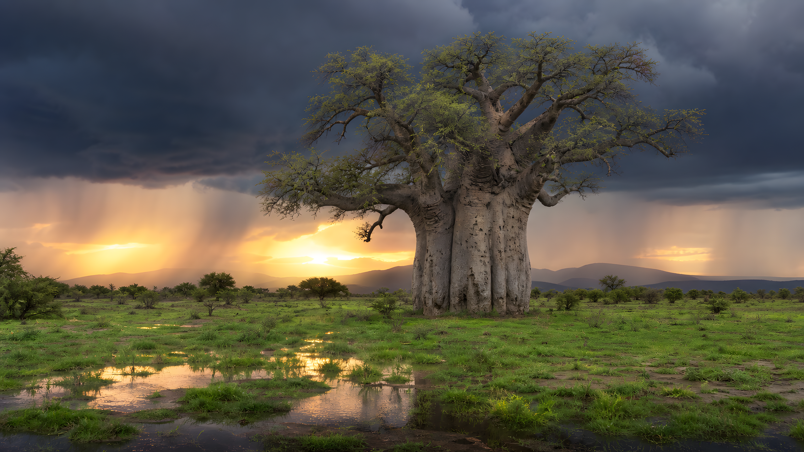 An enormous ancient baobab standing alone on a newly green semi-arid plain as a summer thunderstorm clears at sunset, original 4K plants wallpaper