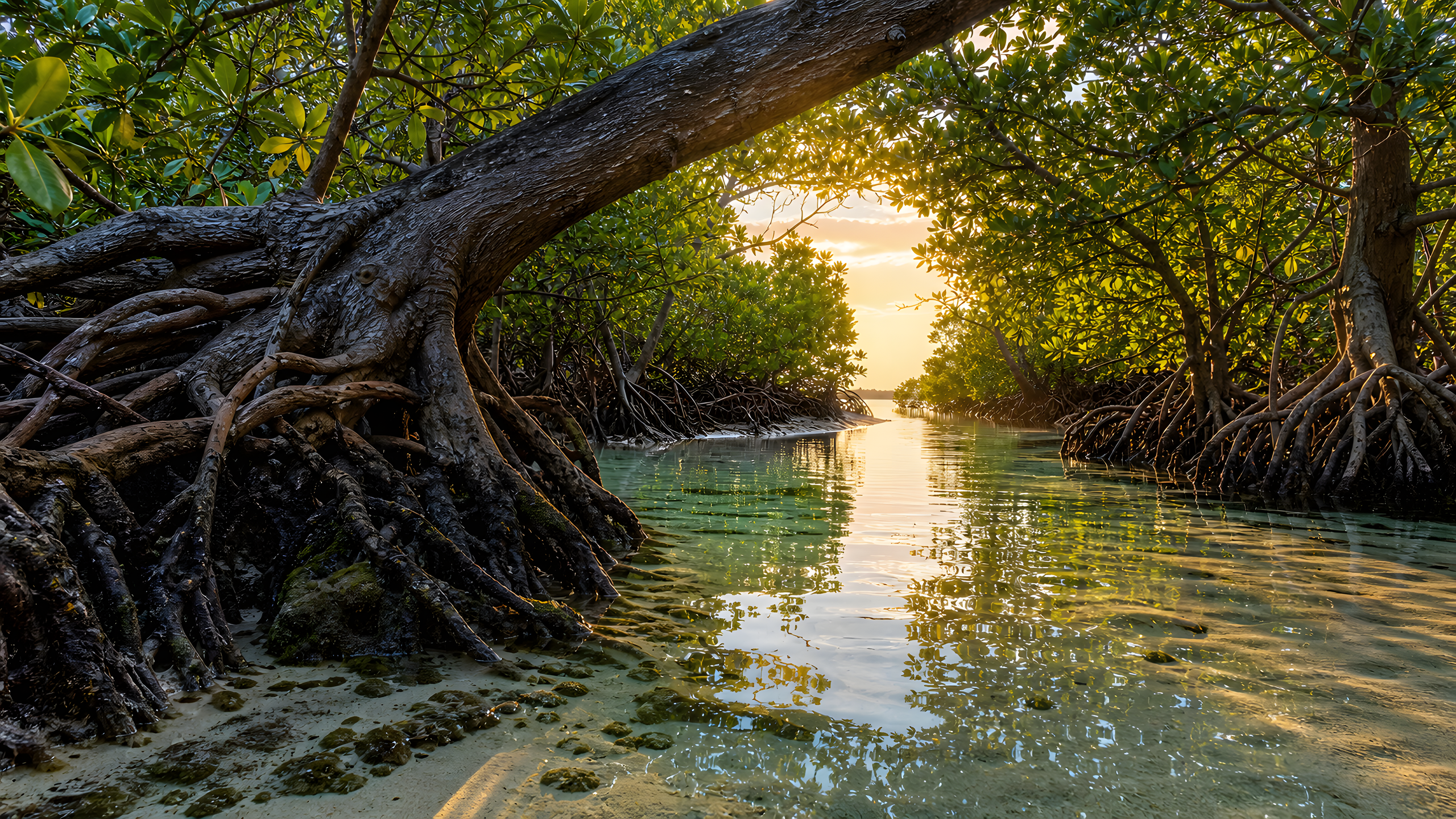 Interlocking old mangrove roots in a clear tidal creek, photographed at water level beneath a luminous green canopy at sunrise, original 4K plants wallpaper