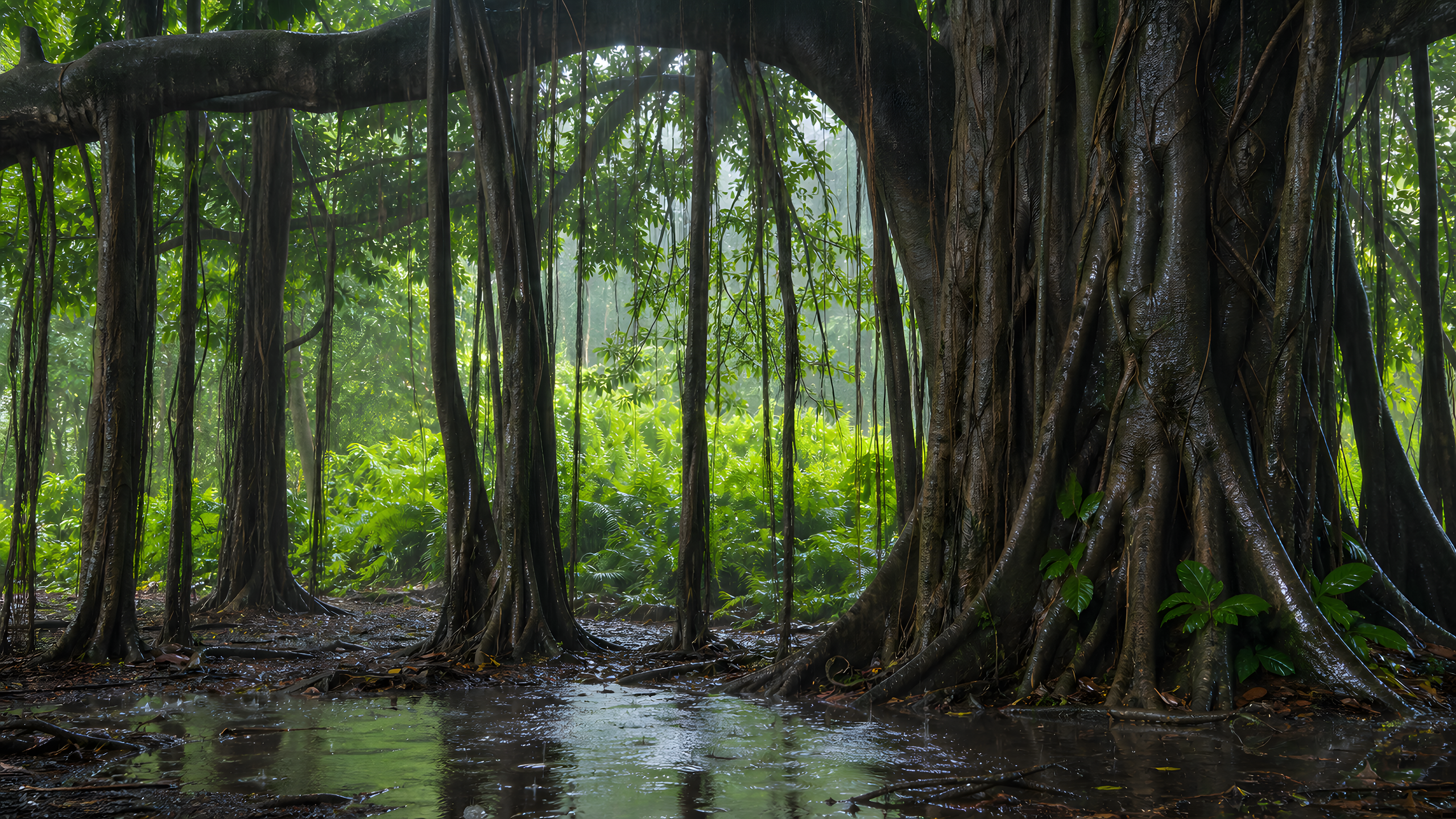 The living columns and aerial roots of an ancient banyan surrounding a rain-dark clearing, seen from beneath its broad monsoon canopy, original 4K plants wallpaper