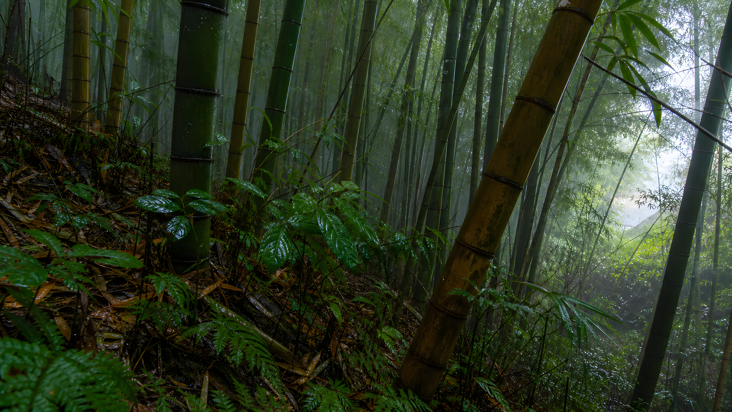 A dense old bamboo grove after rainfall, viewed diagonally from leaf-litter level as green culms recede through silver mist, original 4K plants wallpaper