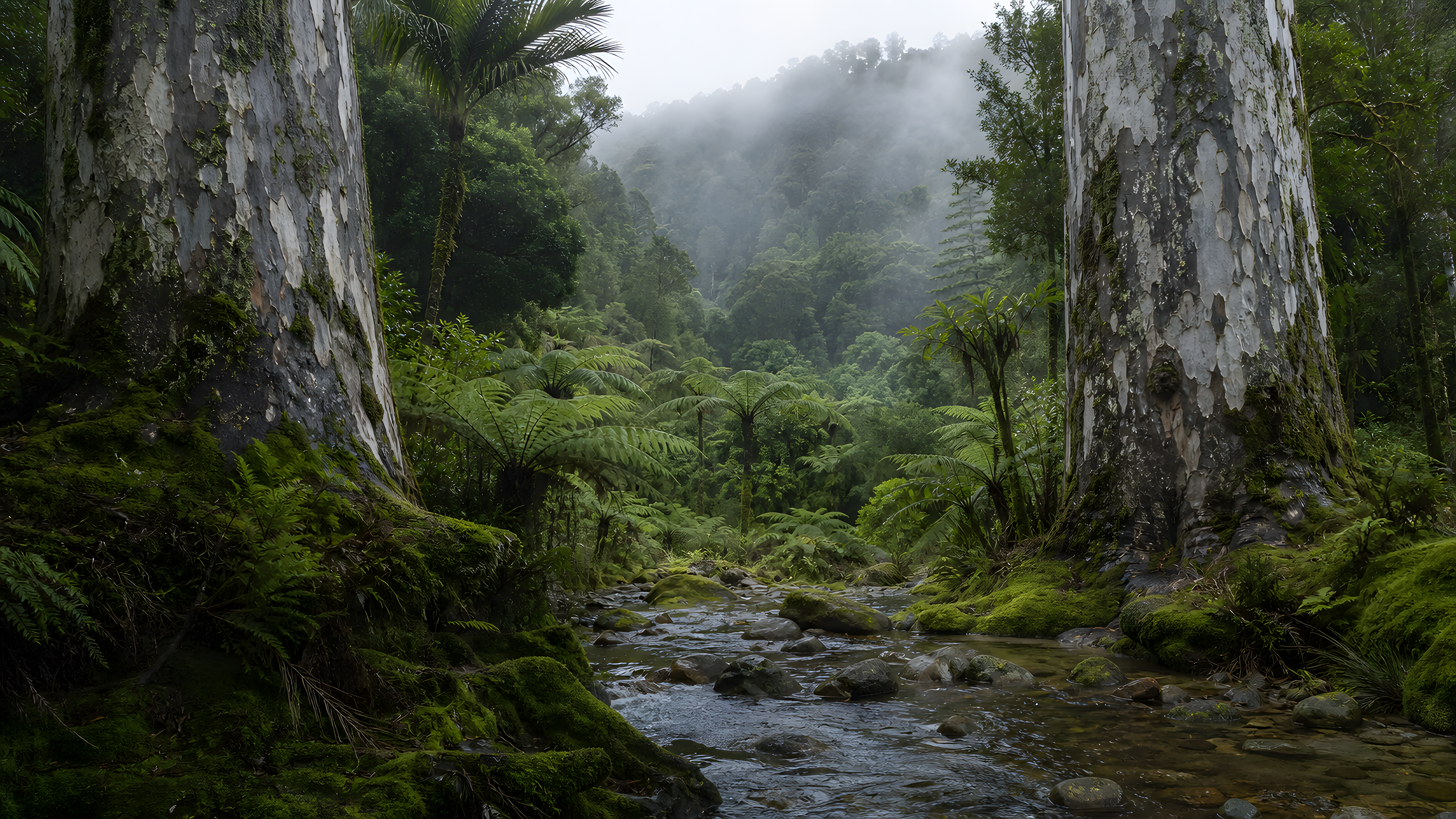 Towering ancient kauri trunks above a primeval tree-fern valley, photographed from a mossy stream bend in diffuse southern light, original 4K plants wallpaper