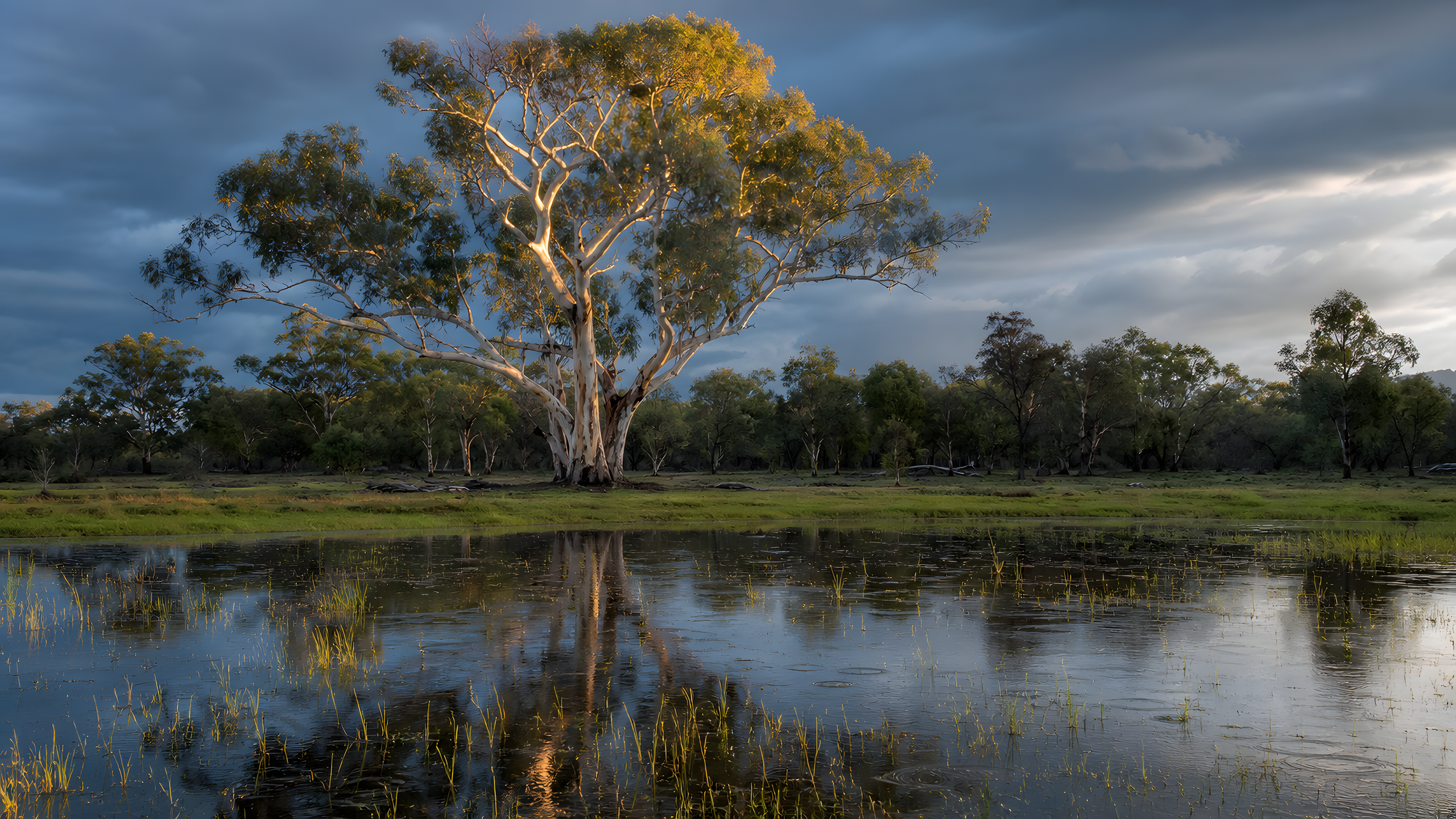A vast old river gum reflected in a shallow floodplain after rain, photographed from across still water beneath clearing evening cloud, original 4K plants wallpaper