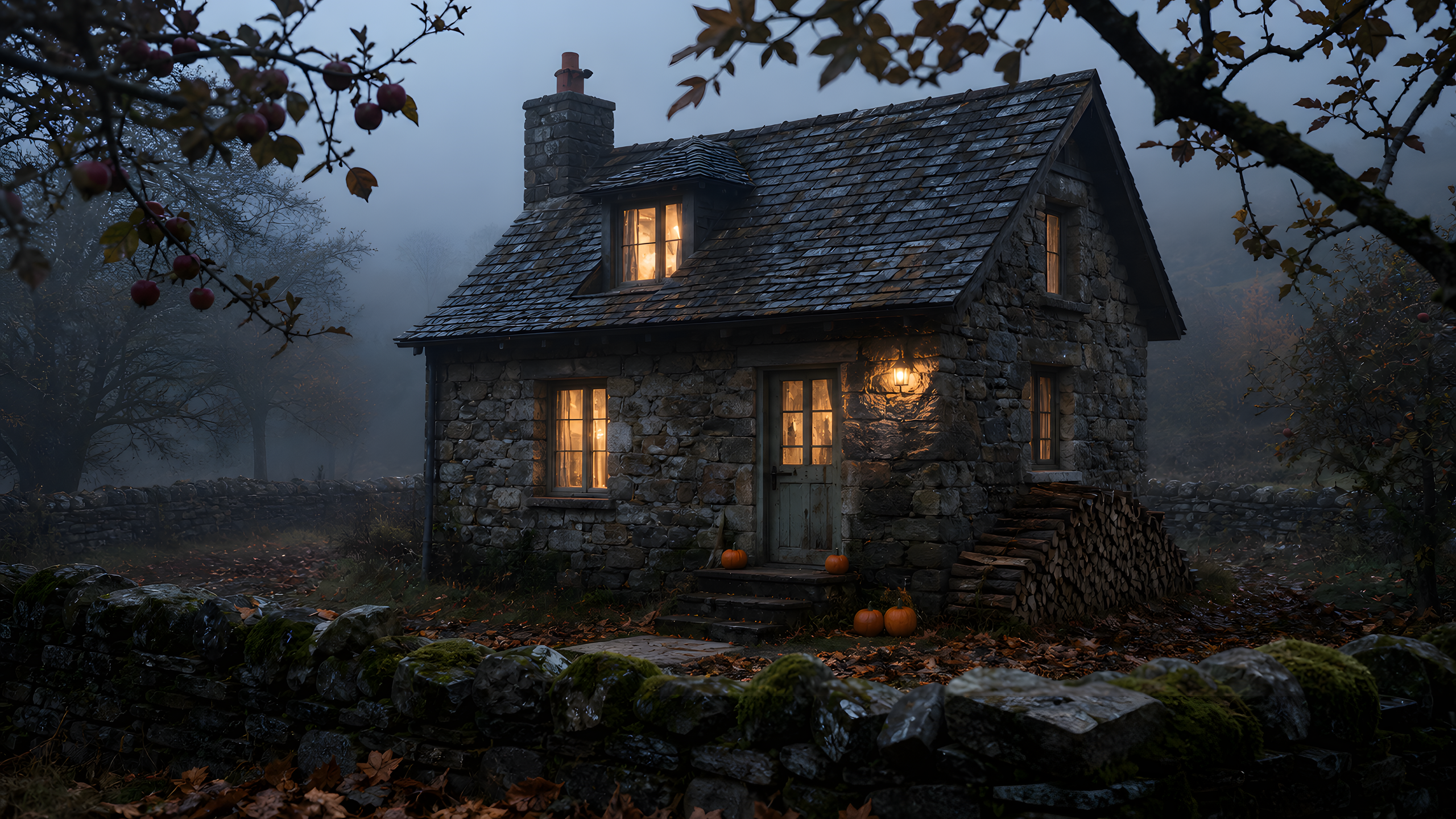 A weathered original stone cottage in an old apple orchard with warm windows, stacked firewood, fallen copper leaves, uncarved pumpkins and drifting valley fog, framed behind a mossy dry-stone wall, original 4K seasons wallpaper