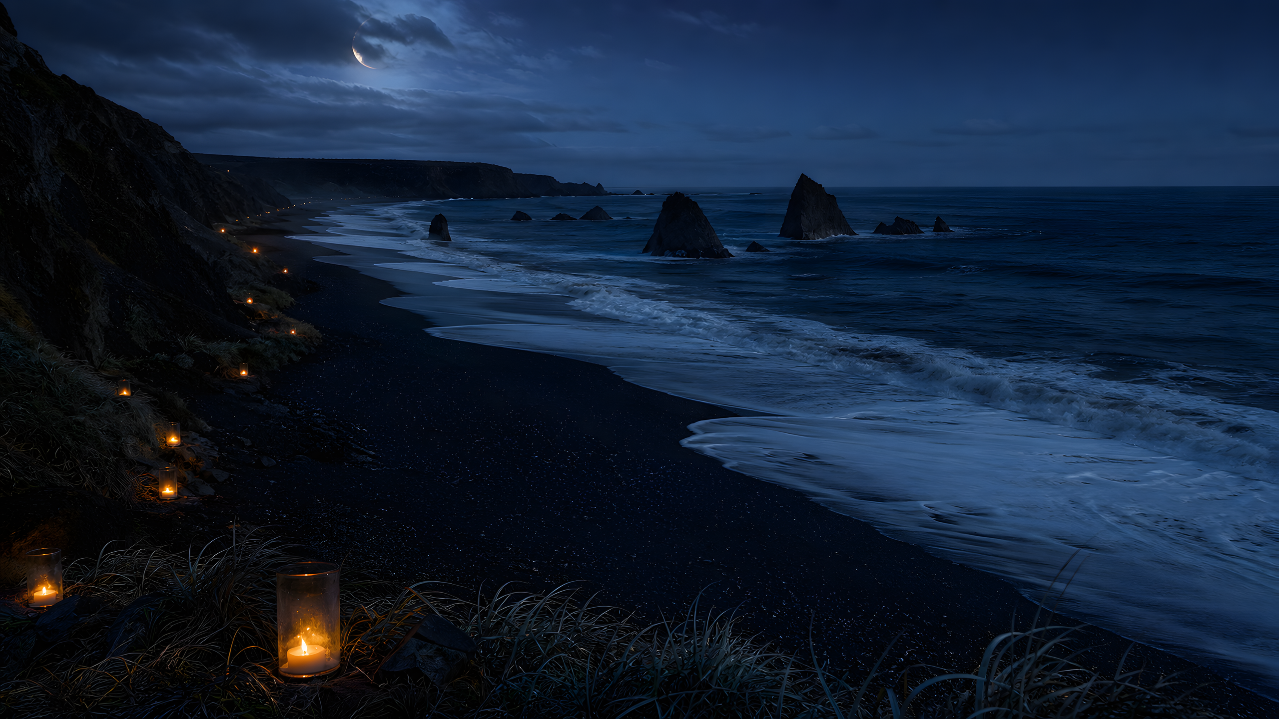 A remote black-sand volcanic cove beneath an indigo crescent-moon sky with angular basalt stacks, white surf, windblown grass and a sparse trail of simple glass candle lanterns, original 4K seasons wallpaper