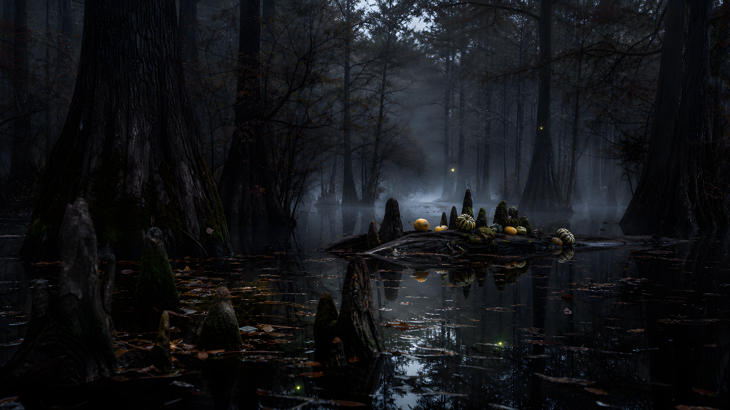 A quiet late-autumn cypress swamp with buttressed trunks, black reflective water, bronze needles, pale mist and miniature uncarved gourds resting on a half-submerged log, seen at water level, original 4K seasons wallpaper