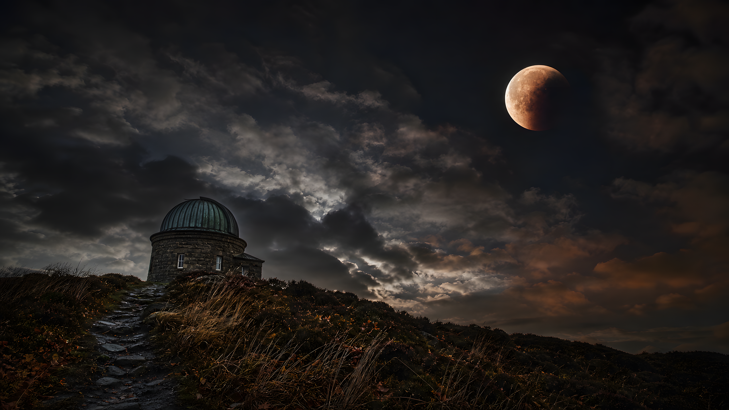 A wholly original stone observatory with an aged copper dome on a windswept heather hill, photographed from across the slope beneath a partial lunar eclipse and fast layered clouds, original 4K seasons wallpaper