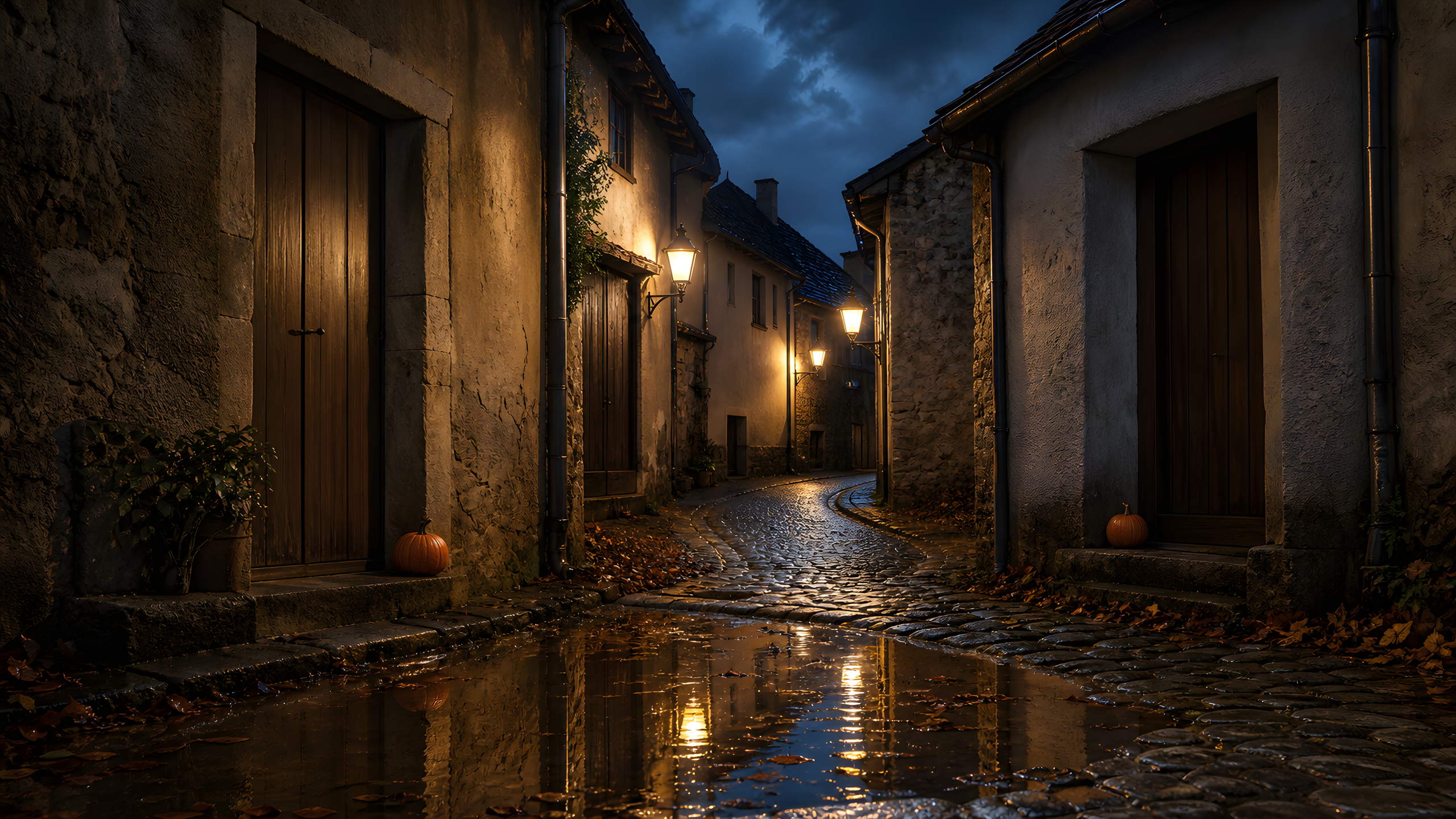 A narrow original stone-and-plaster village lane after autumn rain with blank wooden doors, uncarved pumpkins, simple lamps, wet leaves and a reflective foreground puddle leading into an S-curved bend, original 4K seasons wallpaper