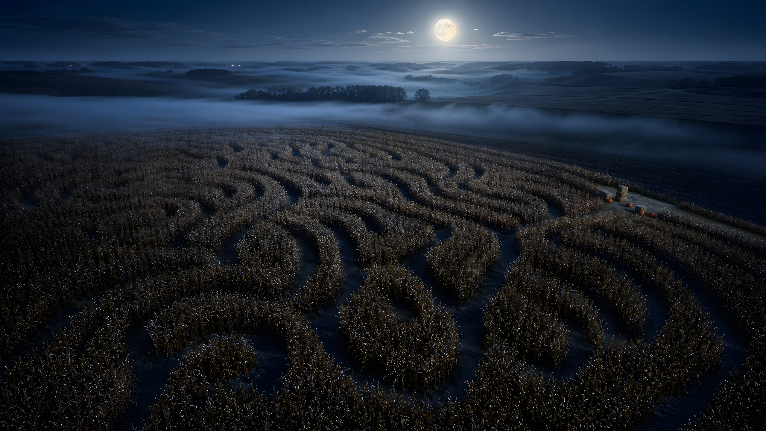 A vast harvested corn maze cut into an original non-symbolic flowing pattern with hay bales and pumpkins at its distant entrance, seen from a near-vertical aerial through low full-moon fog, original 4K seasons wallpaper