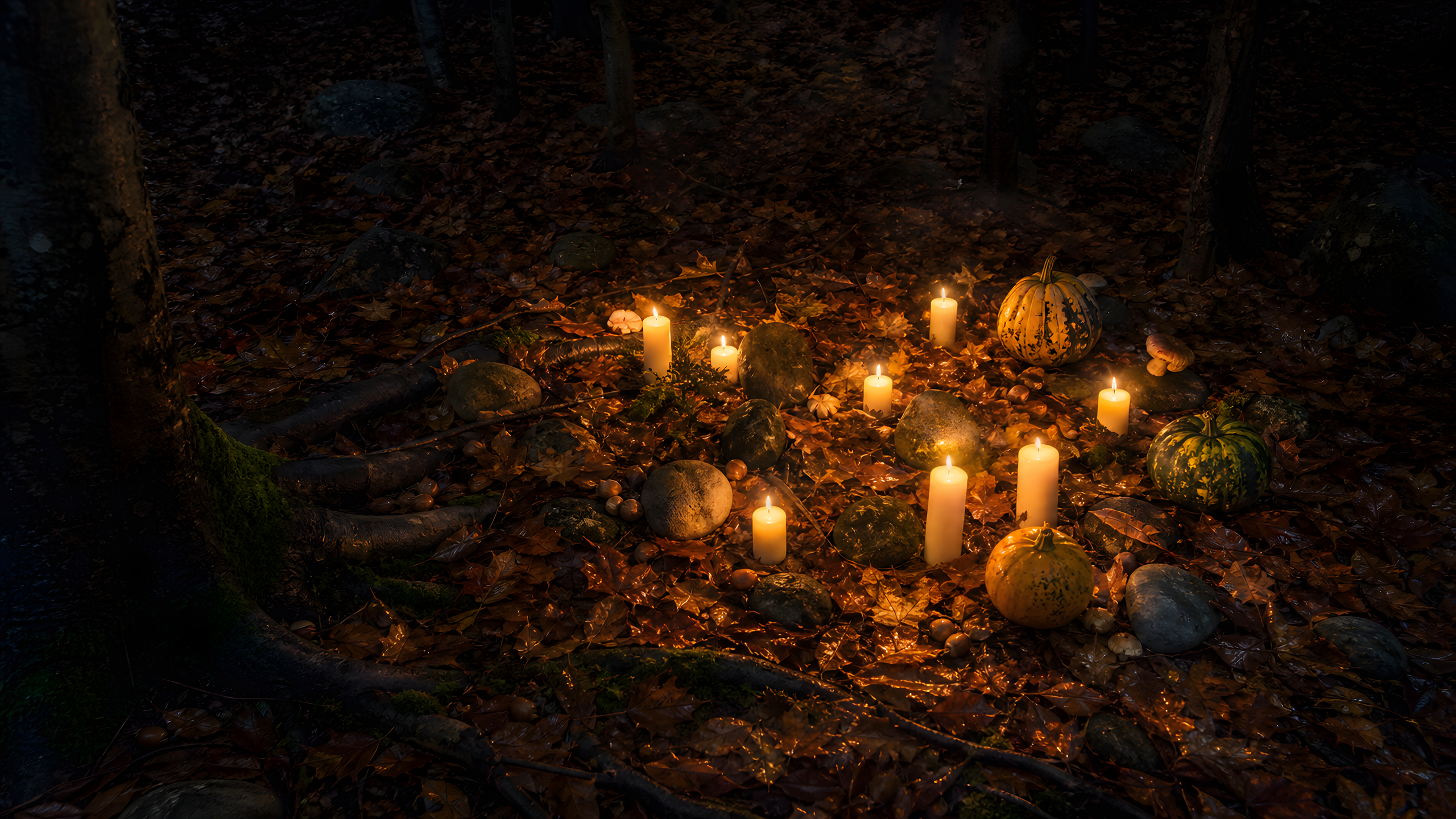 An asymmetrical decorative scatter of plain candles, river stones and uncarved gourds among tangled beech roots, damp copper leaves, acorns and fungi under mixed candlelight and moonlight, original 4K seasons wallpaper