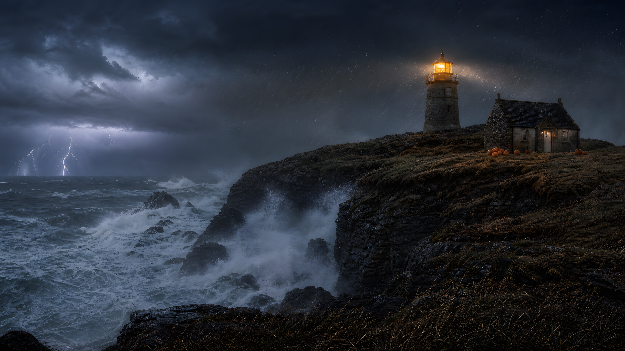 A wholly original stone lighthouse and keeper cottage on a remote sea cliff during an autumn squall, dwarfed by immense breaking waves, rain, spray and distant offshore lightning, original 4K seasons wallpaper