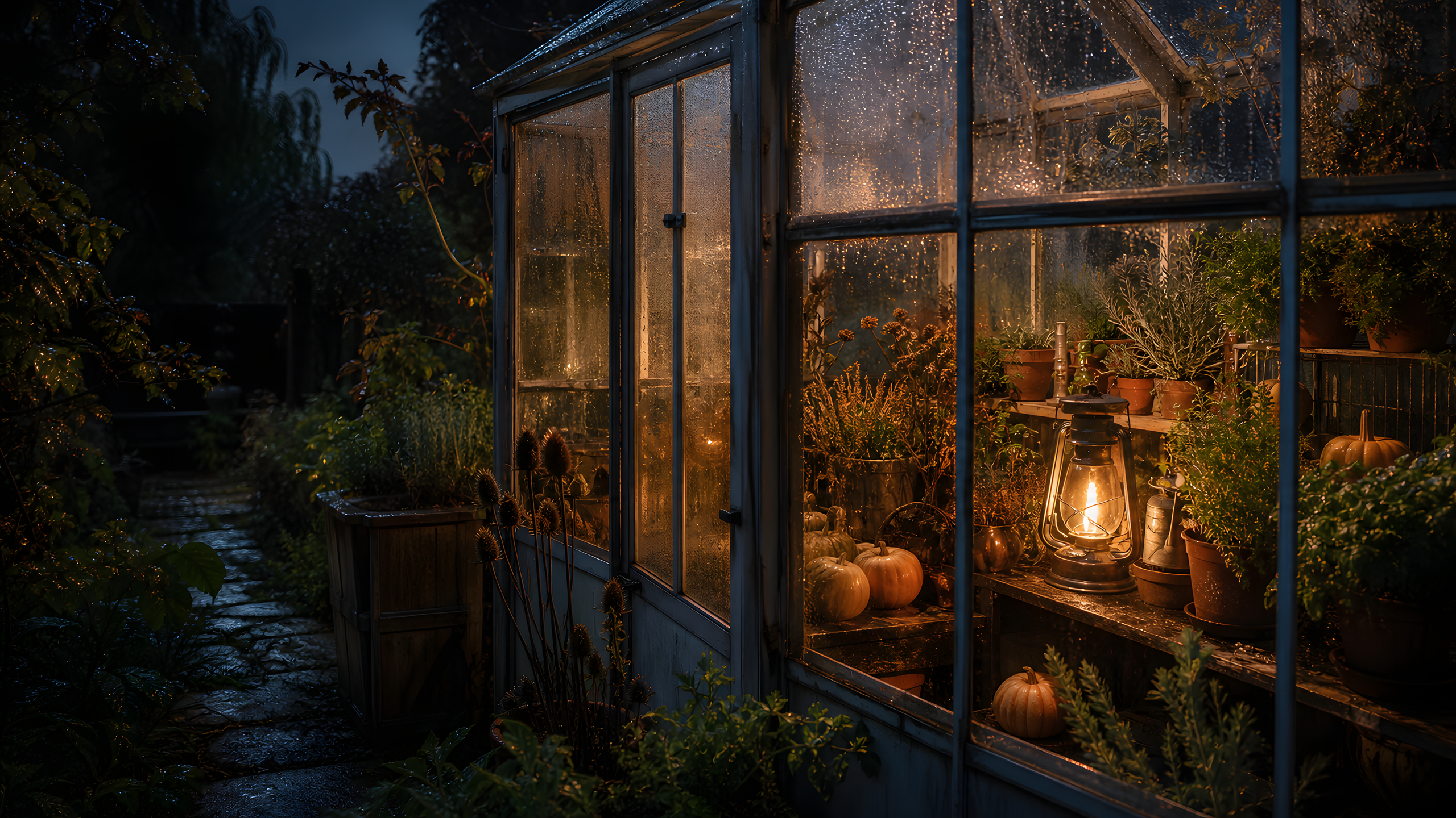 A compact rain-speckled glass greenhouse glowing warmly in a dark garden with potted autumn herbs, miniature pumpkins, dried seed heads, condensation and one enclosed oil lamp, original 4K seasons wallpaper