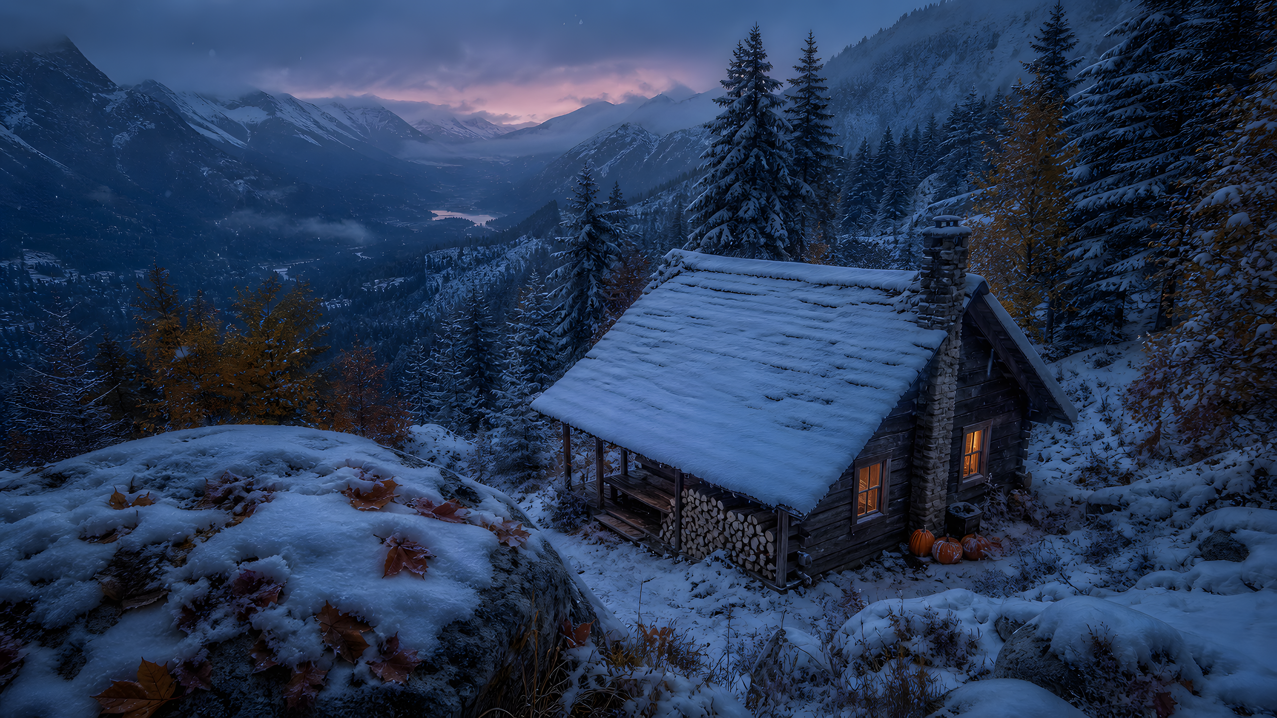 A small original timber cabin at the edge of a high mountain forest during the first snow, viewed from a boulder across the roof toward deep blue-hour peaks and a faint magenta afterglow, original 4K seasons wallpaper