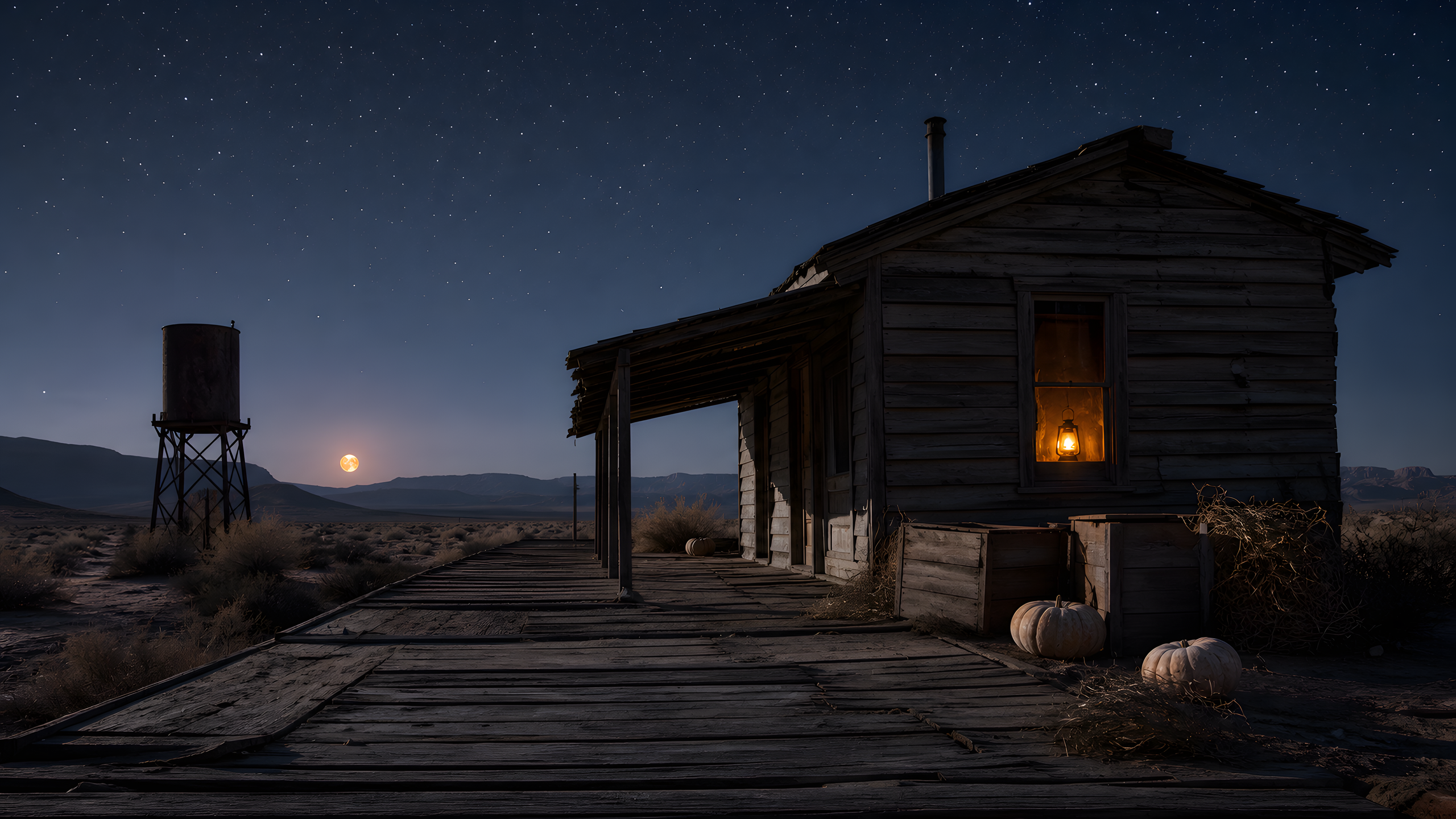 A long-disused original desert rail depot with weathered blank timber, a rusted water tank, tumbleweeds, empty harvest crates and sun-bleached pumpkins beneath stars and a low orange moon, original 4K seasons wallpaper