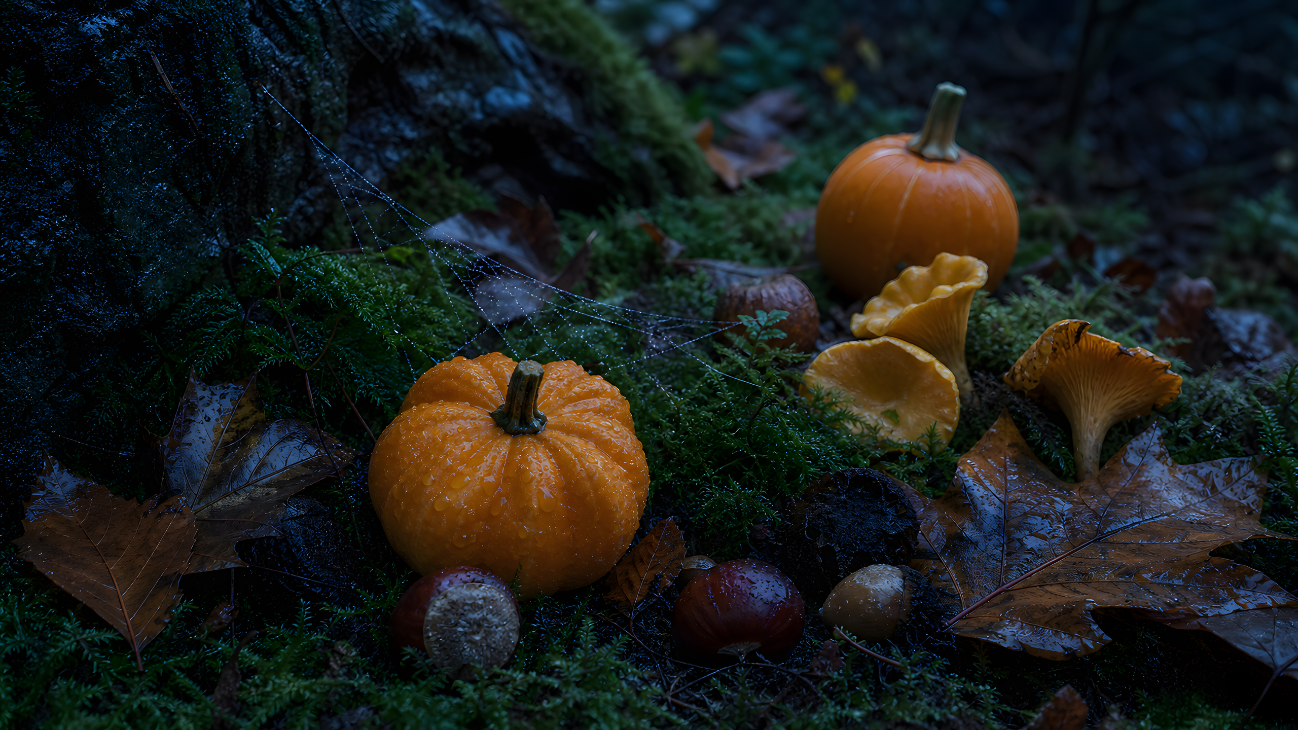 A ground-level macro still life of two uncarved miniature pumpkins, chanterelles, curled maple leaves, chestnuts, acorns, dew-beaded moss and a delicate web strand in cool predawn woodland light, original 4K seasons wallpaper