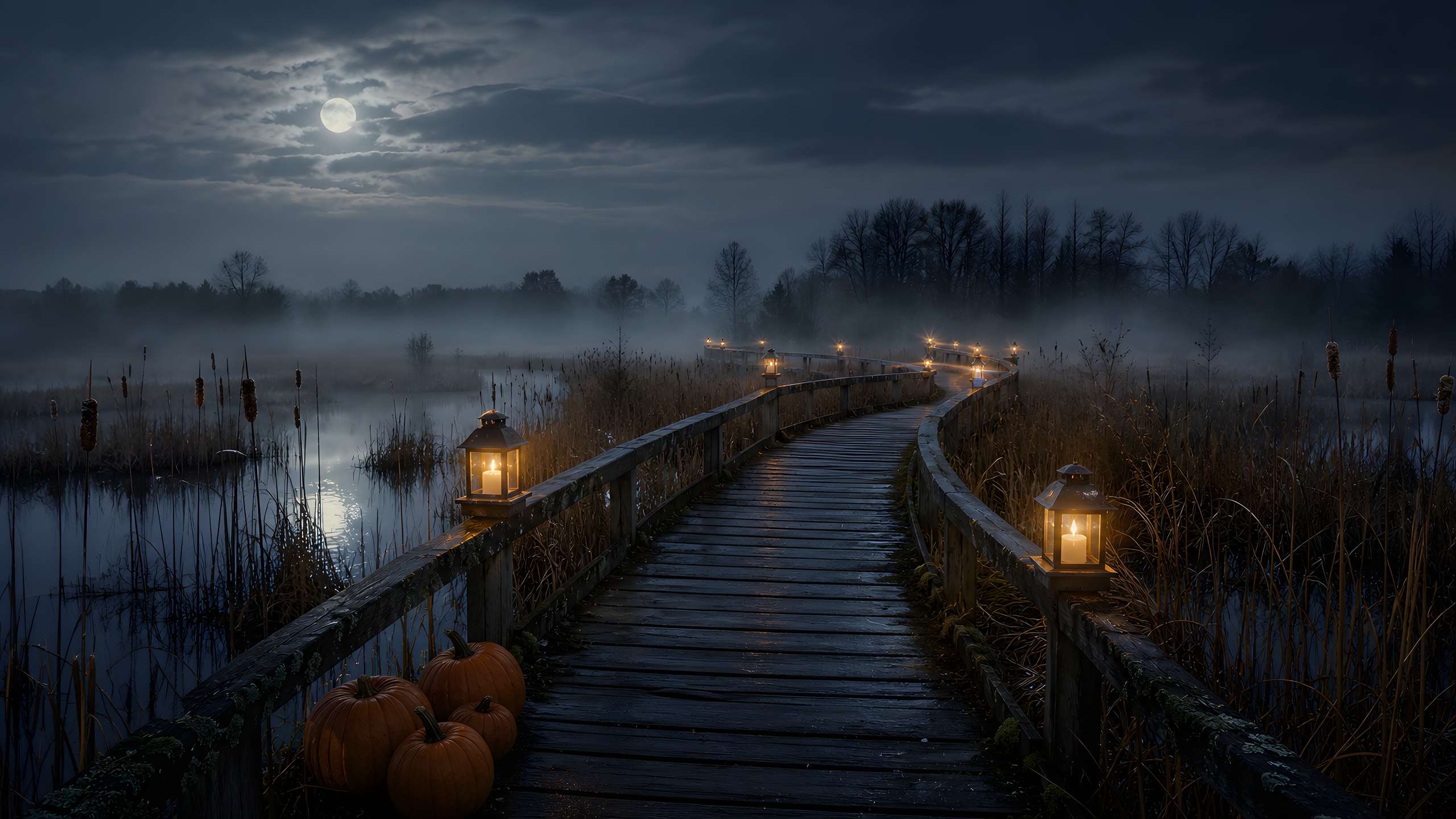 A wet wooden boardwalk winding in a broad S-curve across a foggy reed marsh beneath a cloud-veiled moon, with simple enclosed lanterns receding toward bare trees and pumpkins at the entrance, original 4K seasons wallpaper