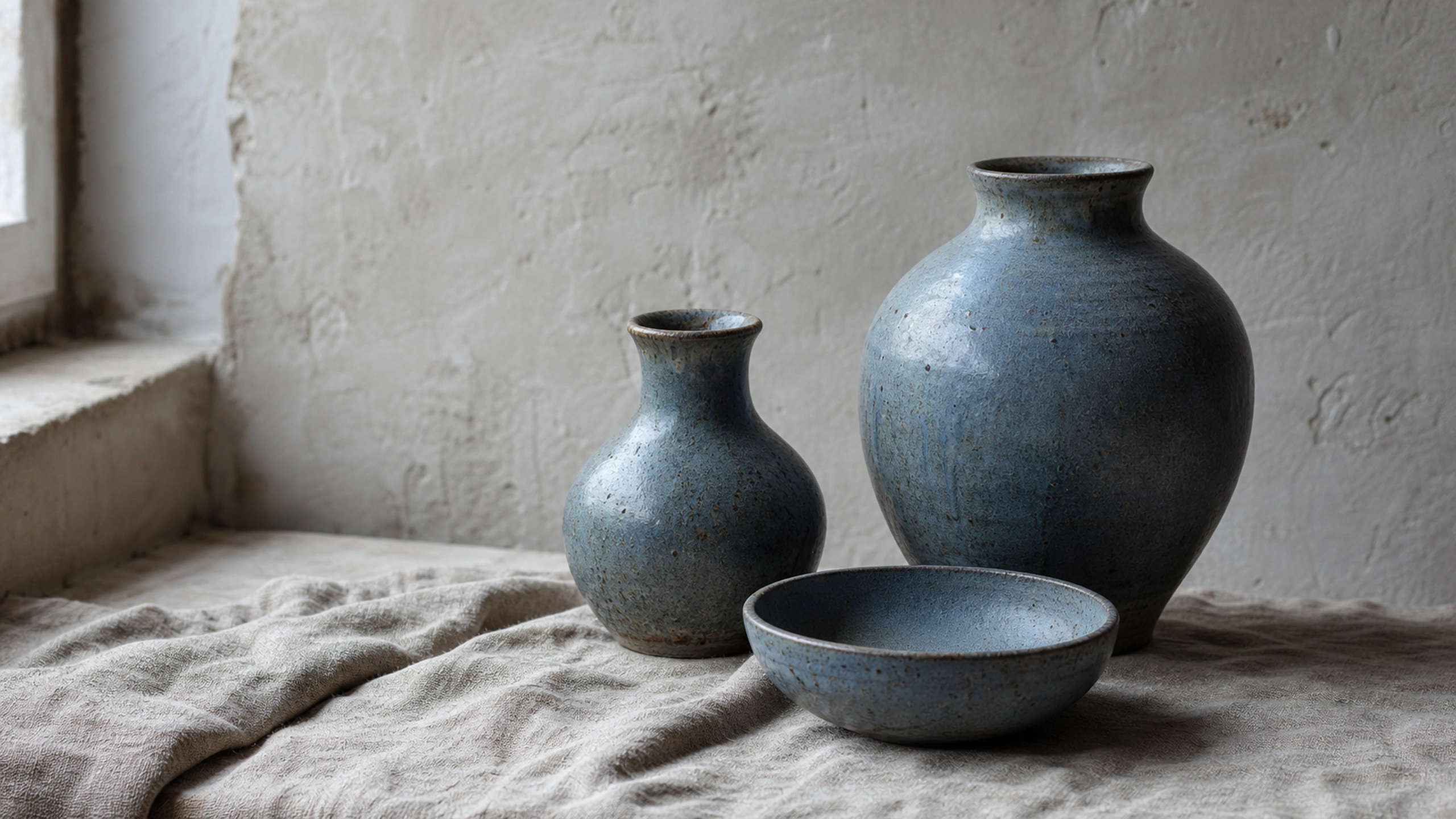 Three asymmetrical blue stoneware vessels on rough neutral linen, original 4K still life objects wallpaper