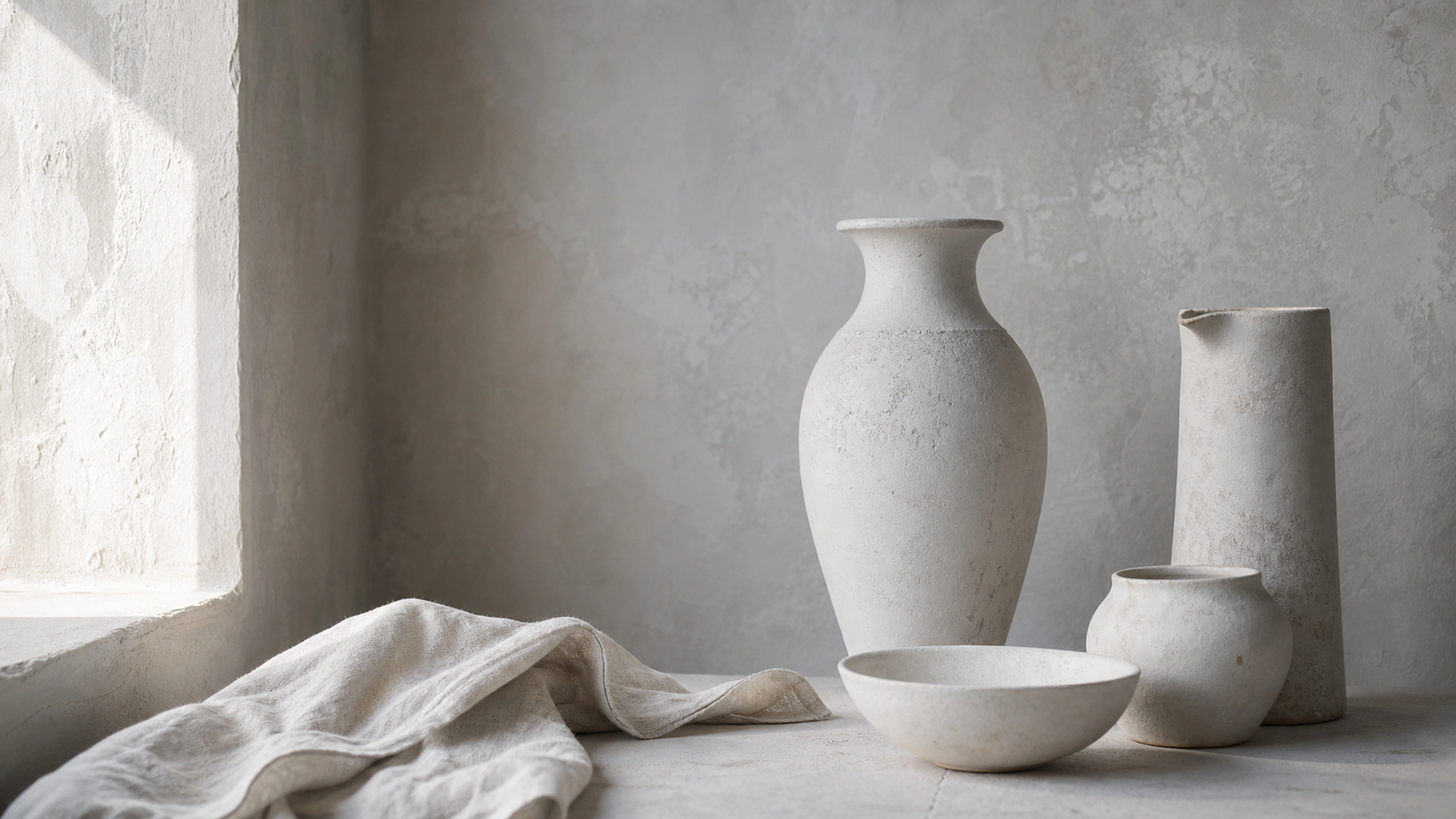 Chalk-white handmade ceramics against limewashed plaster in cool morning light, original 4K still life objects wallpaper