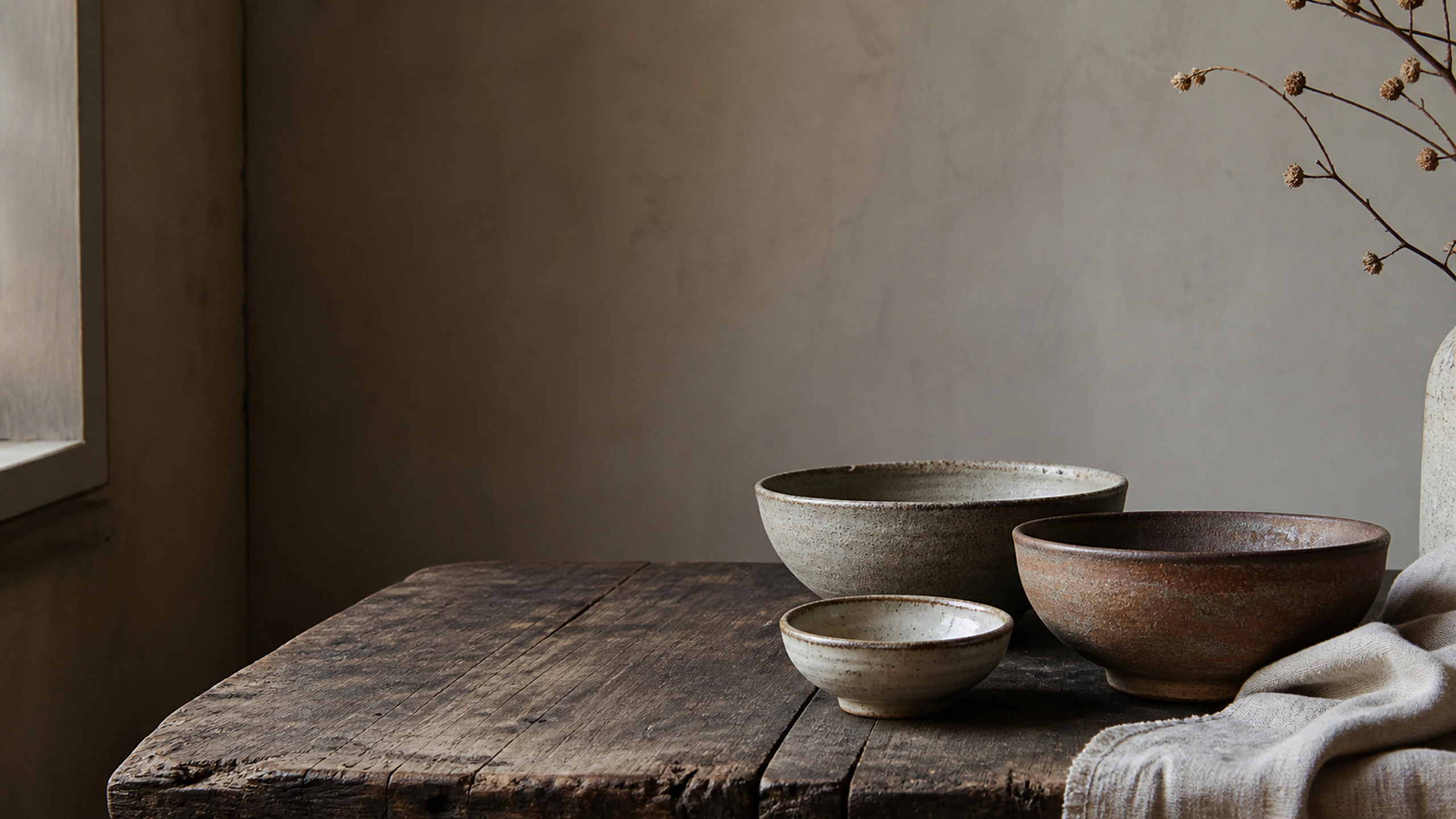 Earth-tone ceramic bowls arranged on an aged dark timber table, original 4K still life objects wallpaper