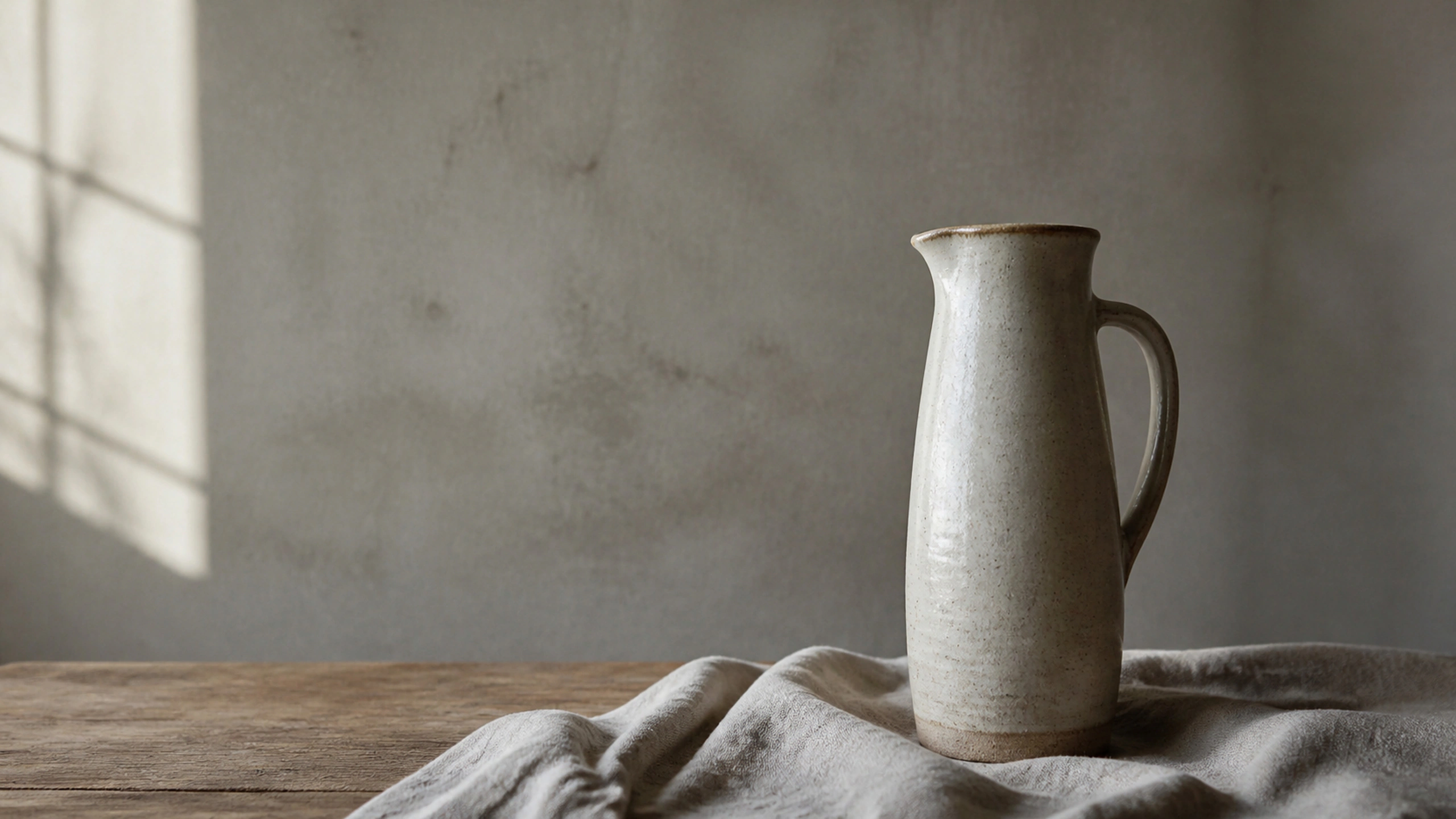 One tall imperfect ceramic pitcher with generous negative space and side daylight, original 4K still life objects wallpaper