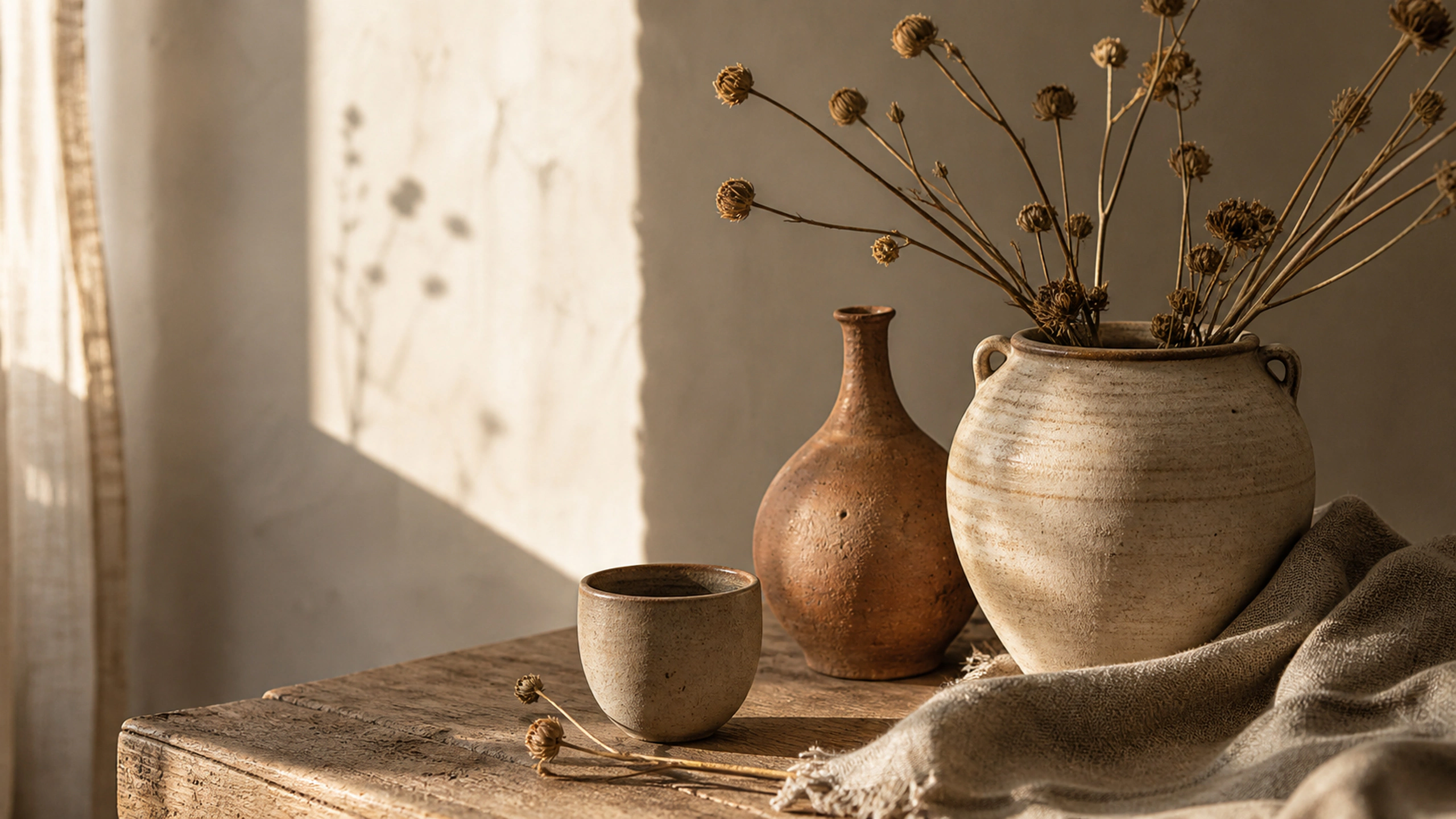 Warm clay vessels beside dry seed heads and woven cloth in late-afternoon light, original 4K still life objects wallpaper