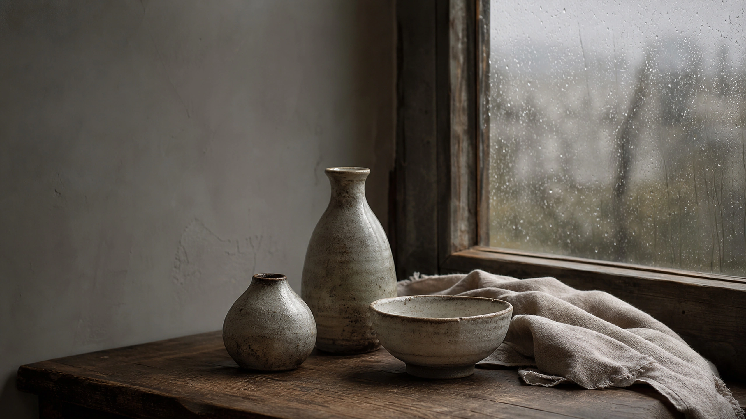Small ceramic group near a rain-dark window with muted gray atmosphere, original 4K still life objects wallpaper